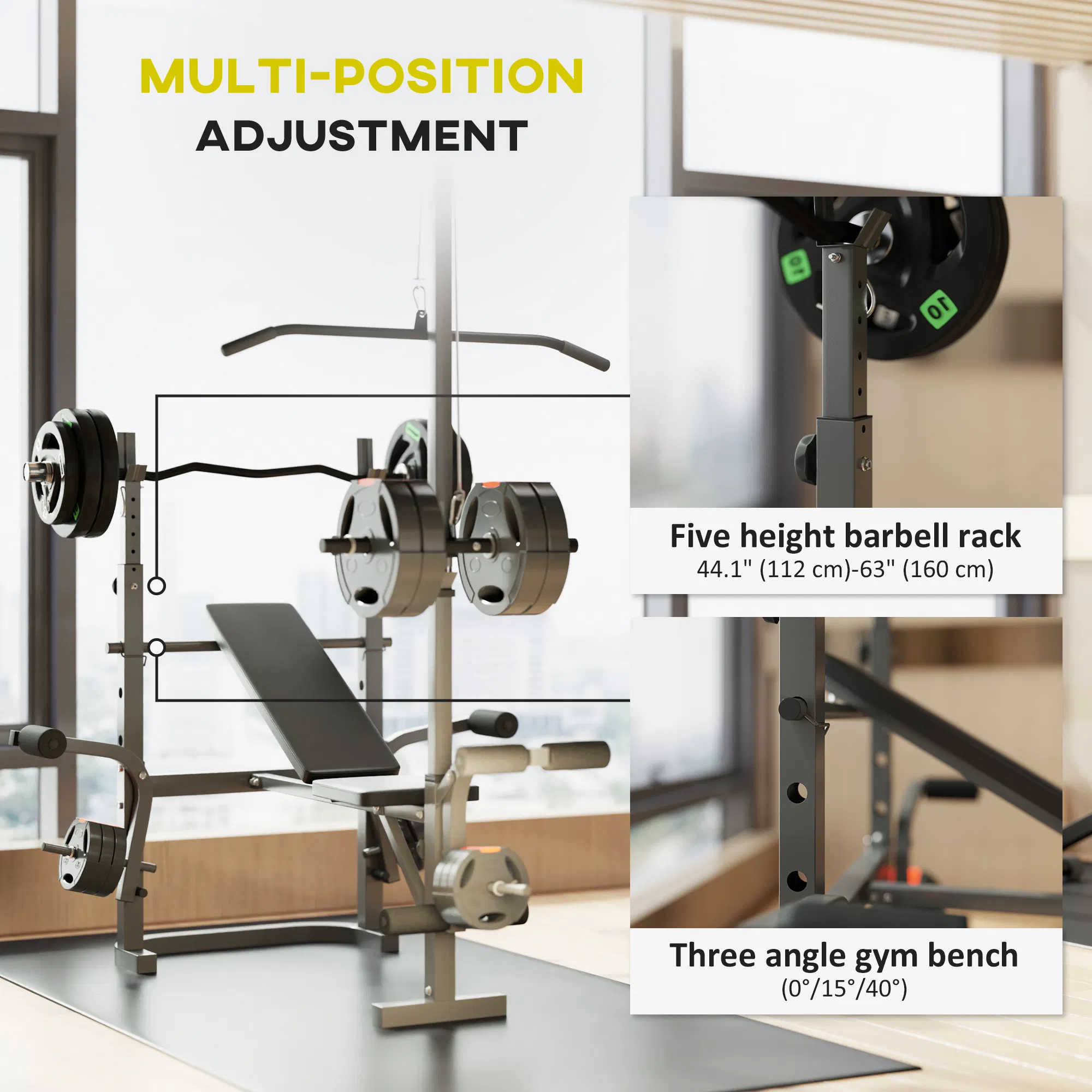 Adjustable Weight Bench with Press Rack, Preacher Curl & Lat Pull Down photo 2