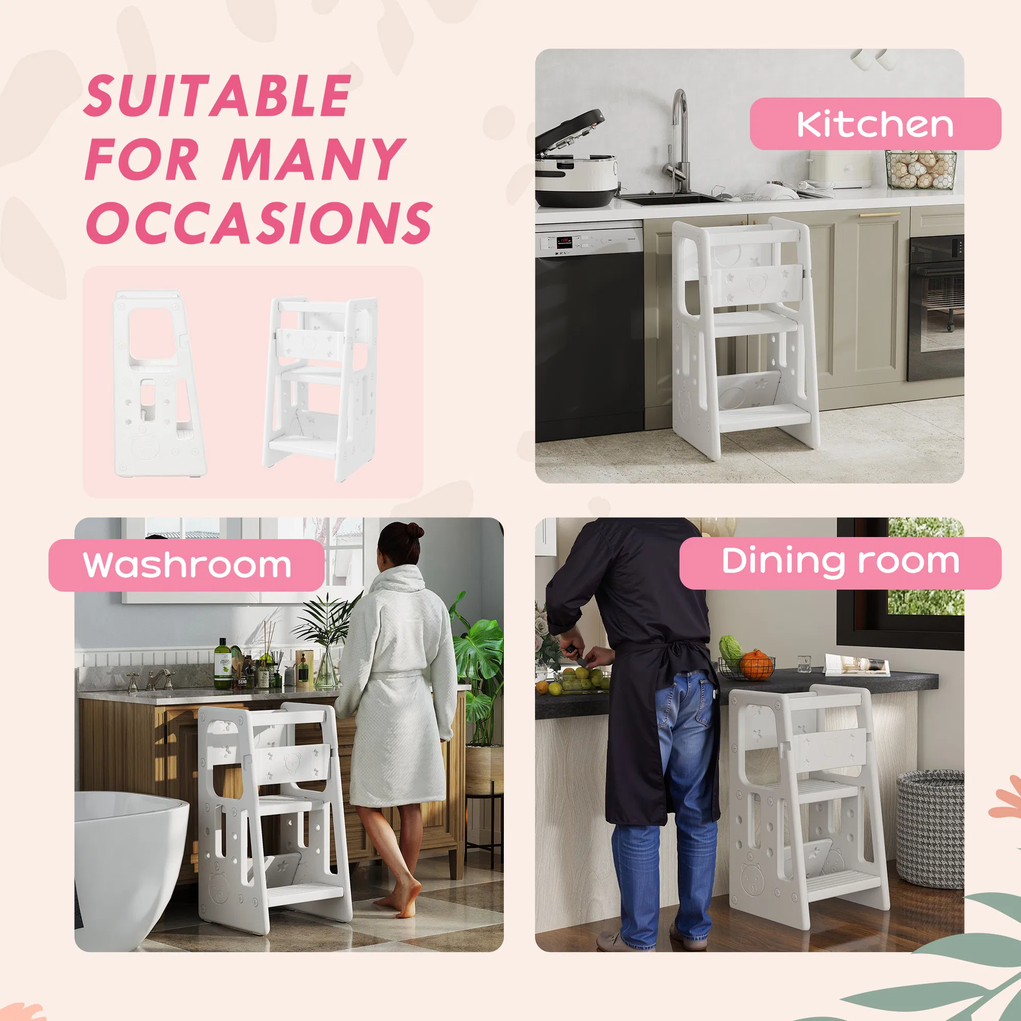 Toddler Kitchen Helper 2 Step Stool with Adjustable Height Platform and Safety Rail, White photo 4
