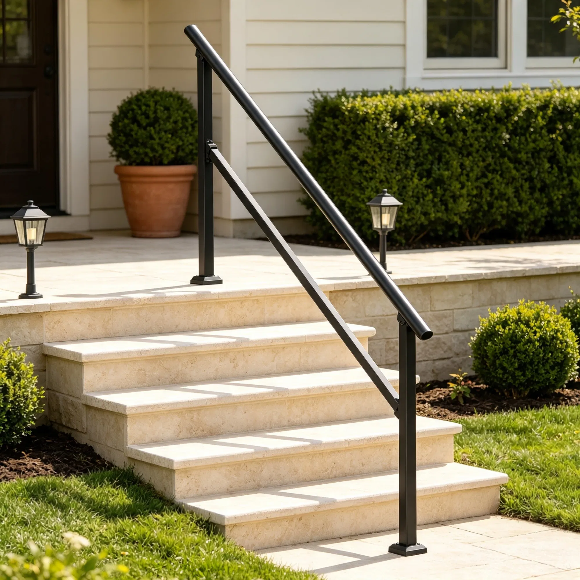 5-Step Stair Handrail Kit, Transitional Black Square Tube Design with Installation Hardware, for Outdoor Steps, Porch & Deck photo 1