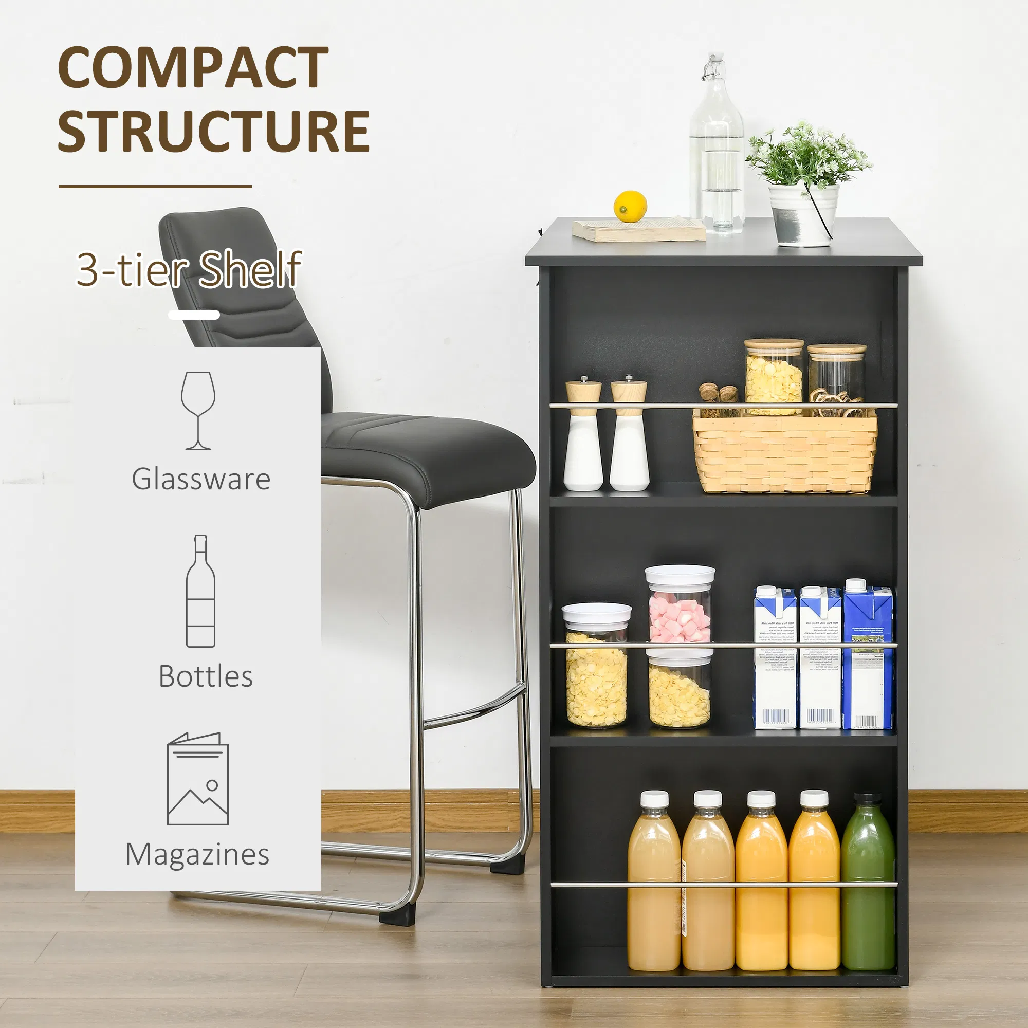 Bar Table Counter Height Dining Table with 3 Storage Shelves for Kitchen, Dining Room, Living Room, Black photo 5