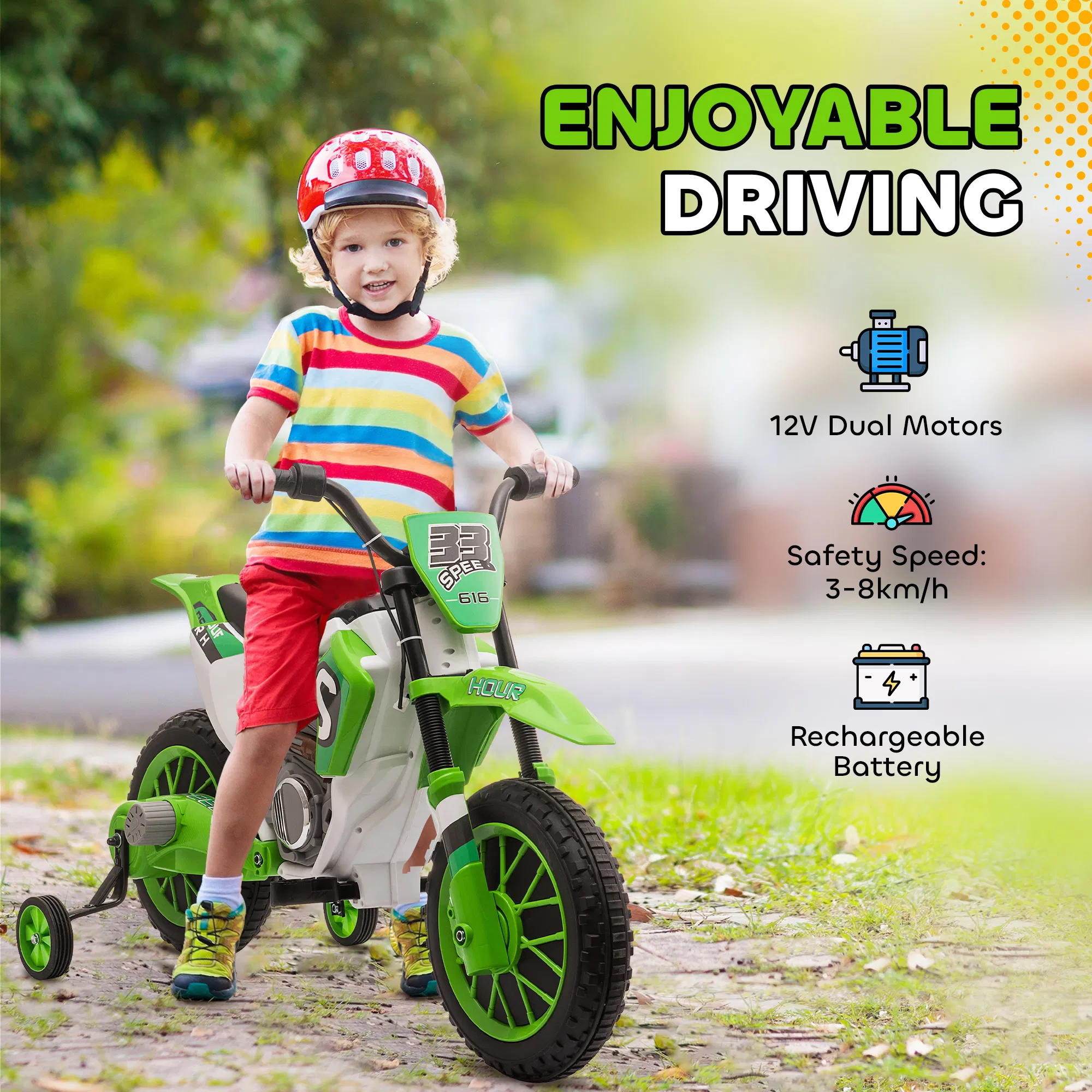 Kids Dirt Bike Battery-Powered Ride-On Electric Motorcycle with Charging 12V Battery, Training Wheels Green photo 6