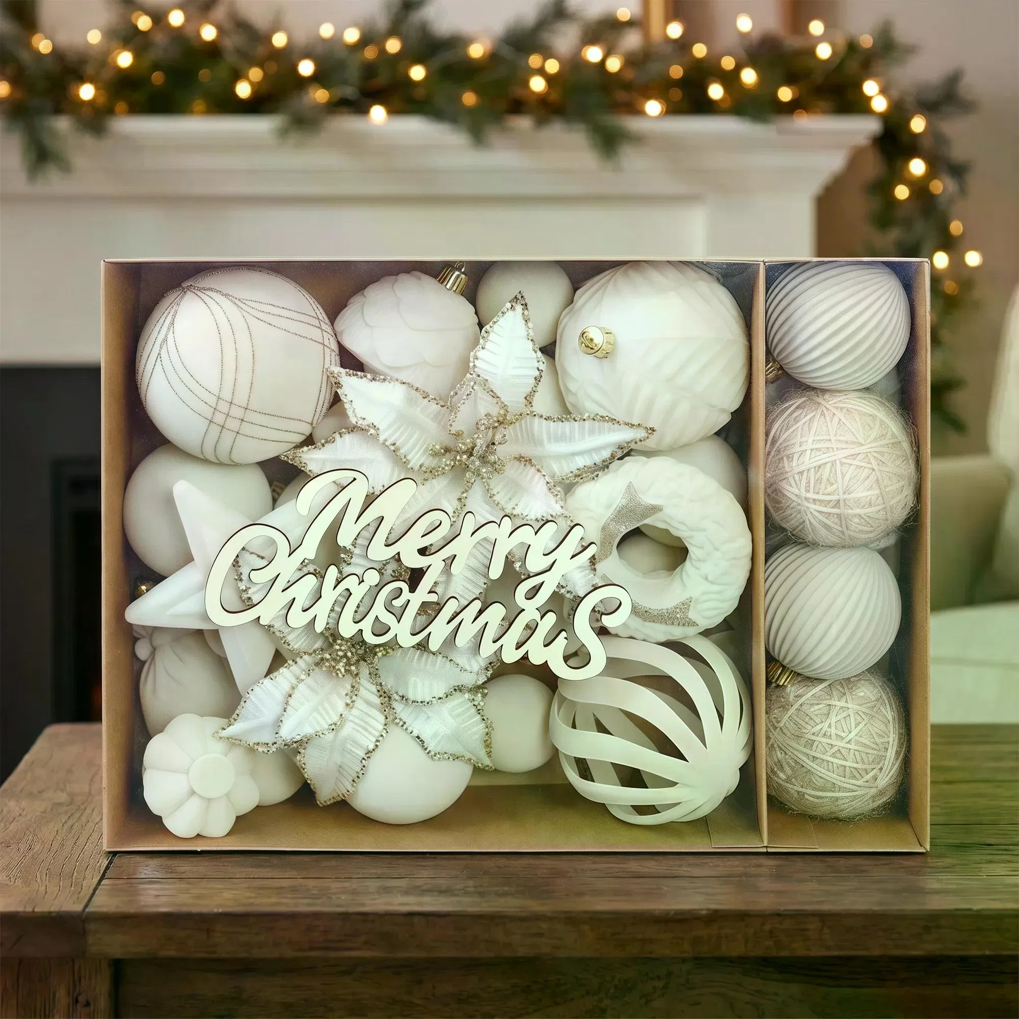 38Pcs Velvet Christmas Tree Ornaments Set, Flocked Plush Christmas Balls, Poinsettia Flower, Star, Bow, Merry Christmas Wooden Sign, Xmas Hanging Decorations for Home Holiday Party photo 1
