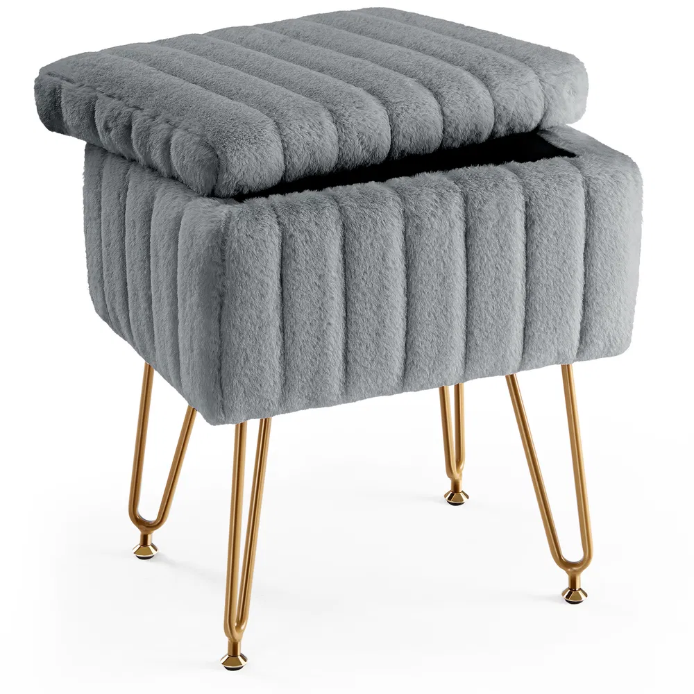 Vanity Stool Chair with Storage, Ottoman Faux Fur Soft Padded Makeup Footstools Seat with 4 Metal Legs Anti-Slip Adjustable Feet Modern photo 8