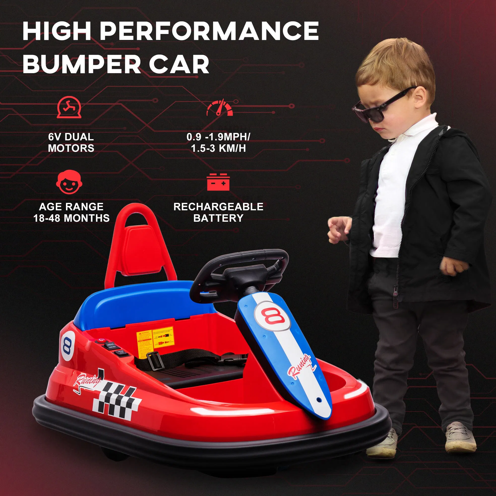 Kids Bumper Car, 6V 360° Rotation Electric Ride on Car, Twin Motors Battery Powered Toy with Music, Horn and Lights, Safety Belt, for Boys and Girls Aged 18-48 Months - Red photo 3