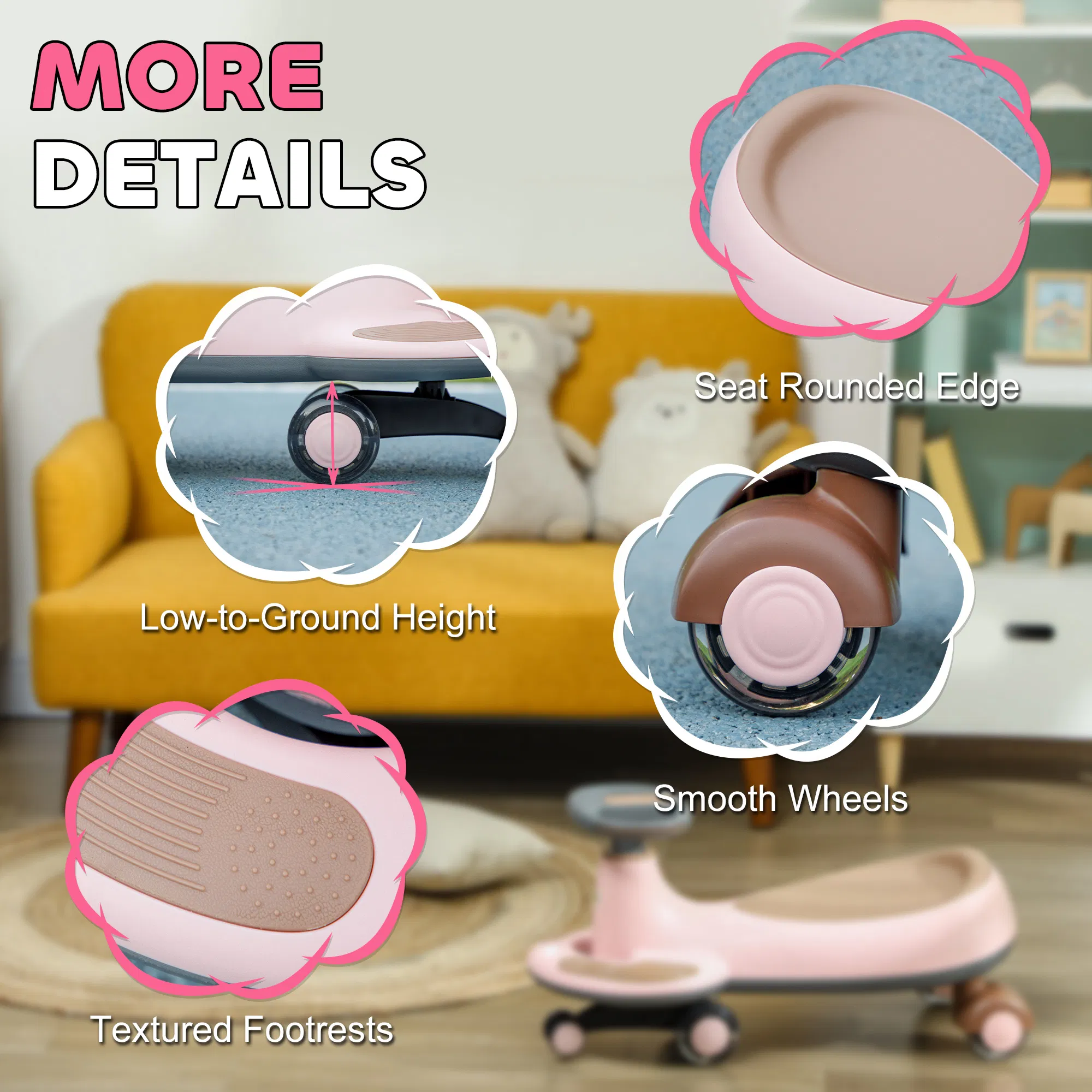 Kids Wiggle Car w/ Parent Traction Rope, Music, Light, Pink photo 6
