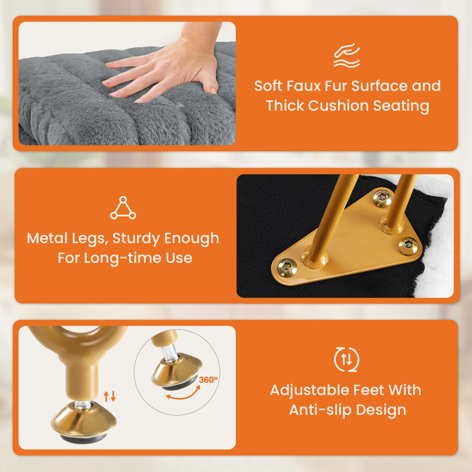Vanity Stool Chair with Storage, Ottoman Faux Fur Soft Padded Makeup Footstools Seat with 4 Metal Legs Anti-Slip Adjustable Feet Modern photo 7