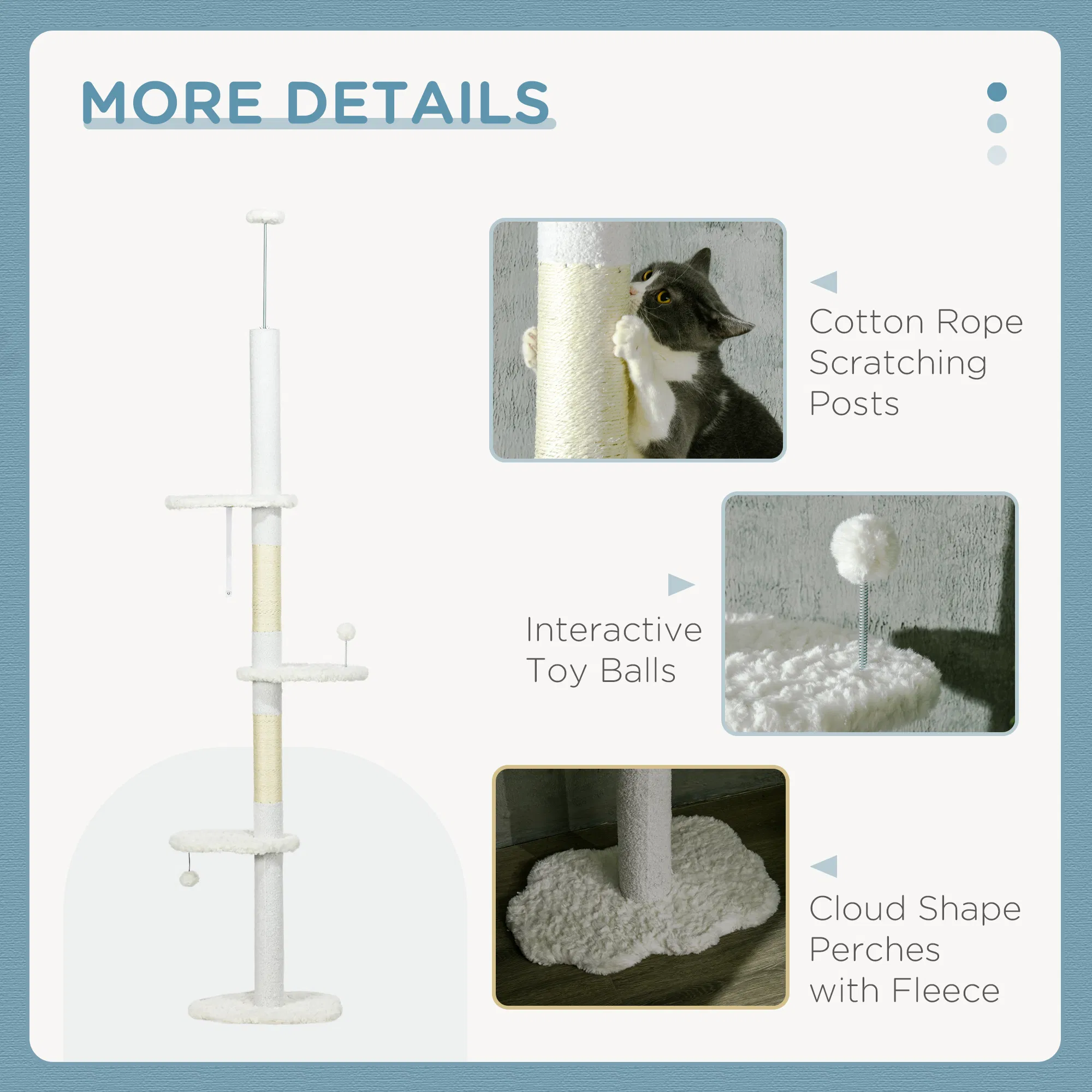 88.5"-100.5" Floor to Ceiling Cat Tree, Cat Tower with Scratching Posts, Cloud Shaped Platforms, Dangling Balls, White photo 4