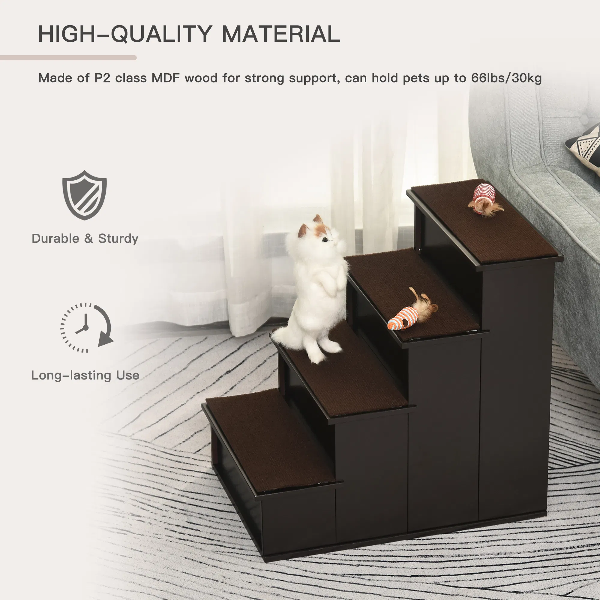 4 Levels Wooden Dog Steps Pet Stairs for High Bed, Cat Ladder for Bed Couch with Non-Slip Carpet, Dark Coffee photo 3