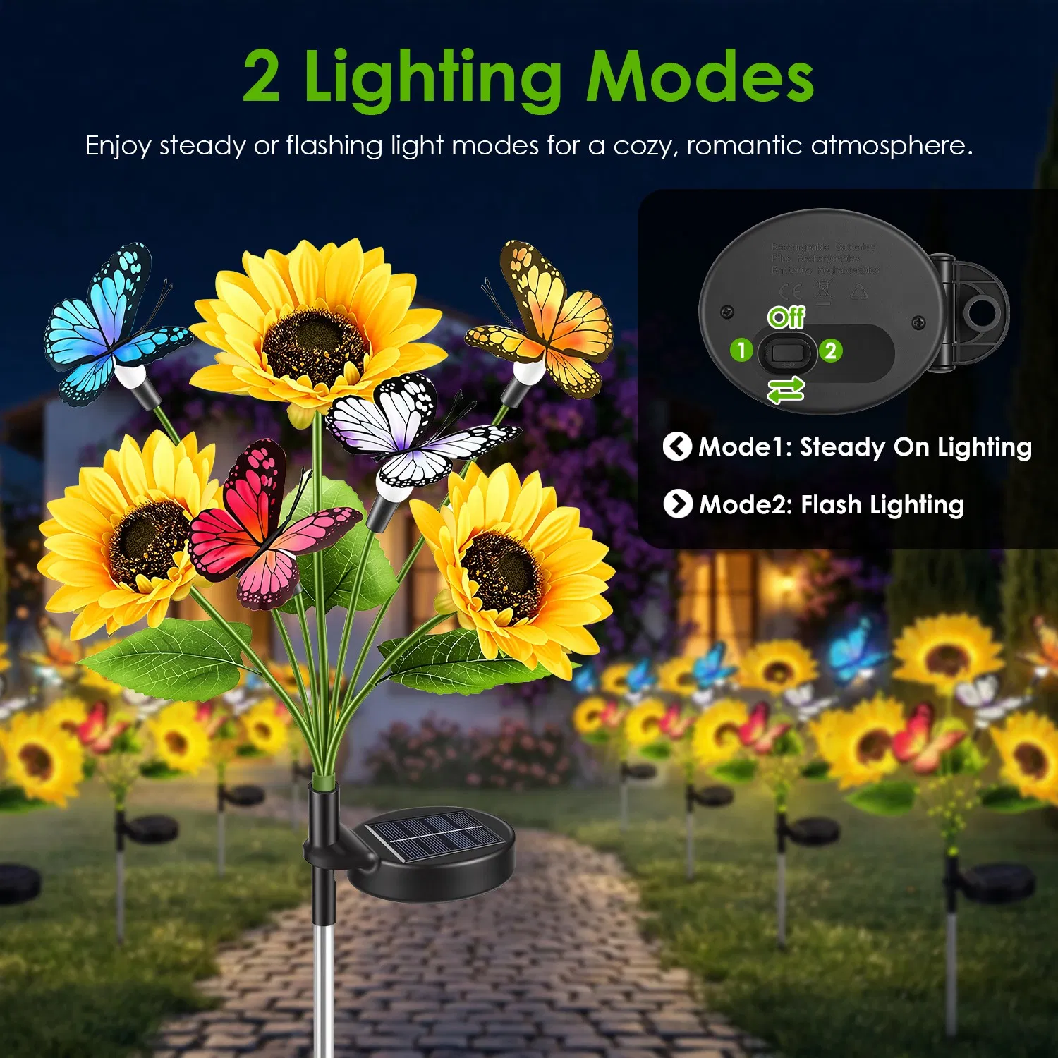 Decorative Solar Sunflower Garden Lights,4 Pack Decorative Butterfly Accent, 2 Lighting Modes, IP44 Waterproof Solar Powered Lights for Outdoor Garden, Lawn, Patio & Flower Bed photo 2