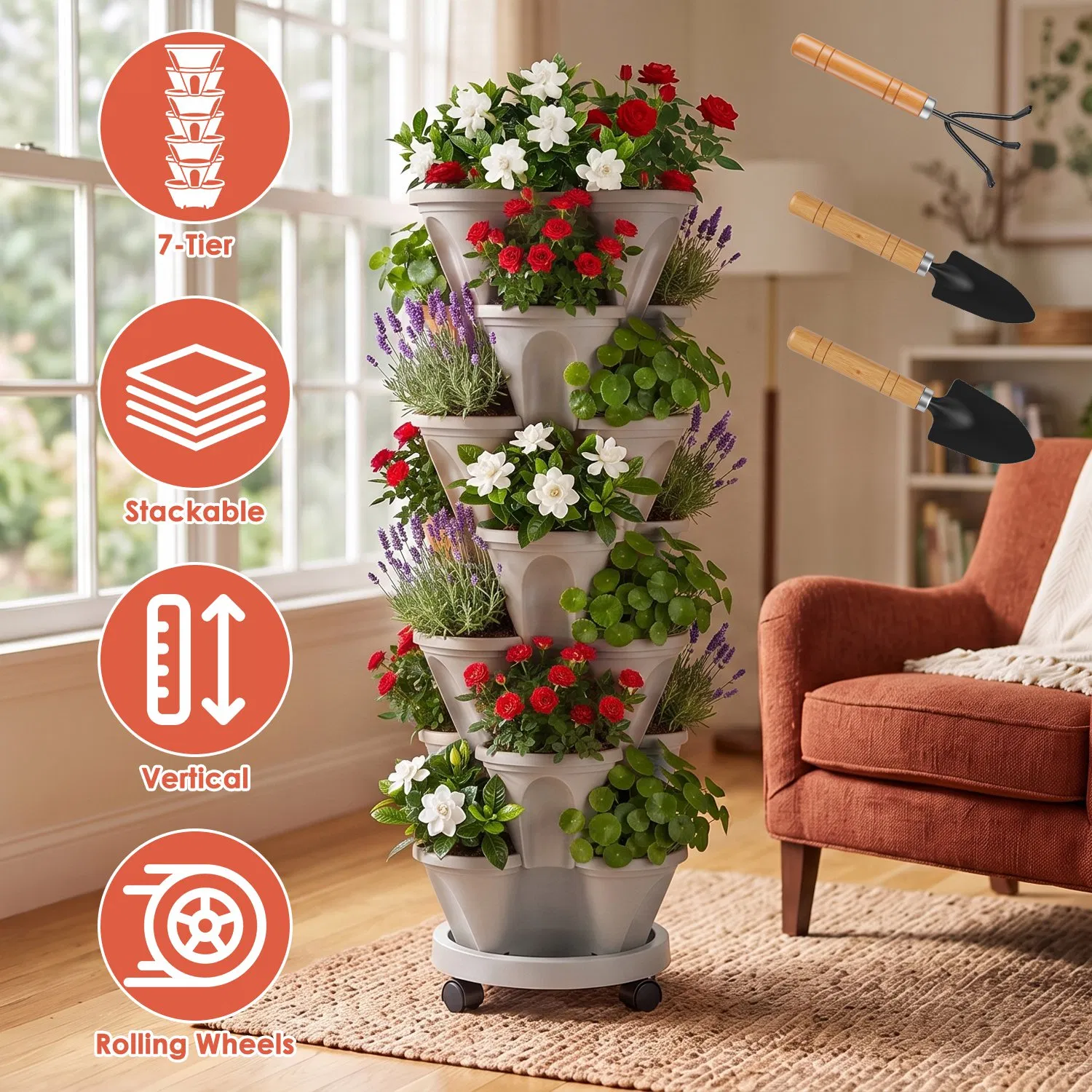 7-Tier Vertical Stackable Planter Tower with Casters, Space-Saving Stack-Up Garden Pots with Complete Tool Kit for Balcony, Deck, Indoor & Outdoor Gardening photo 1