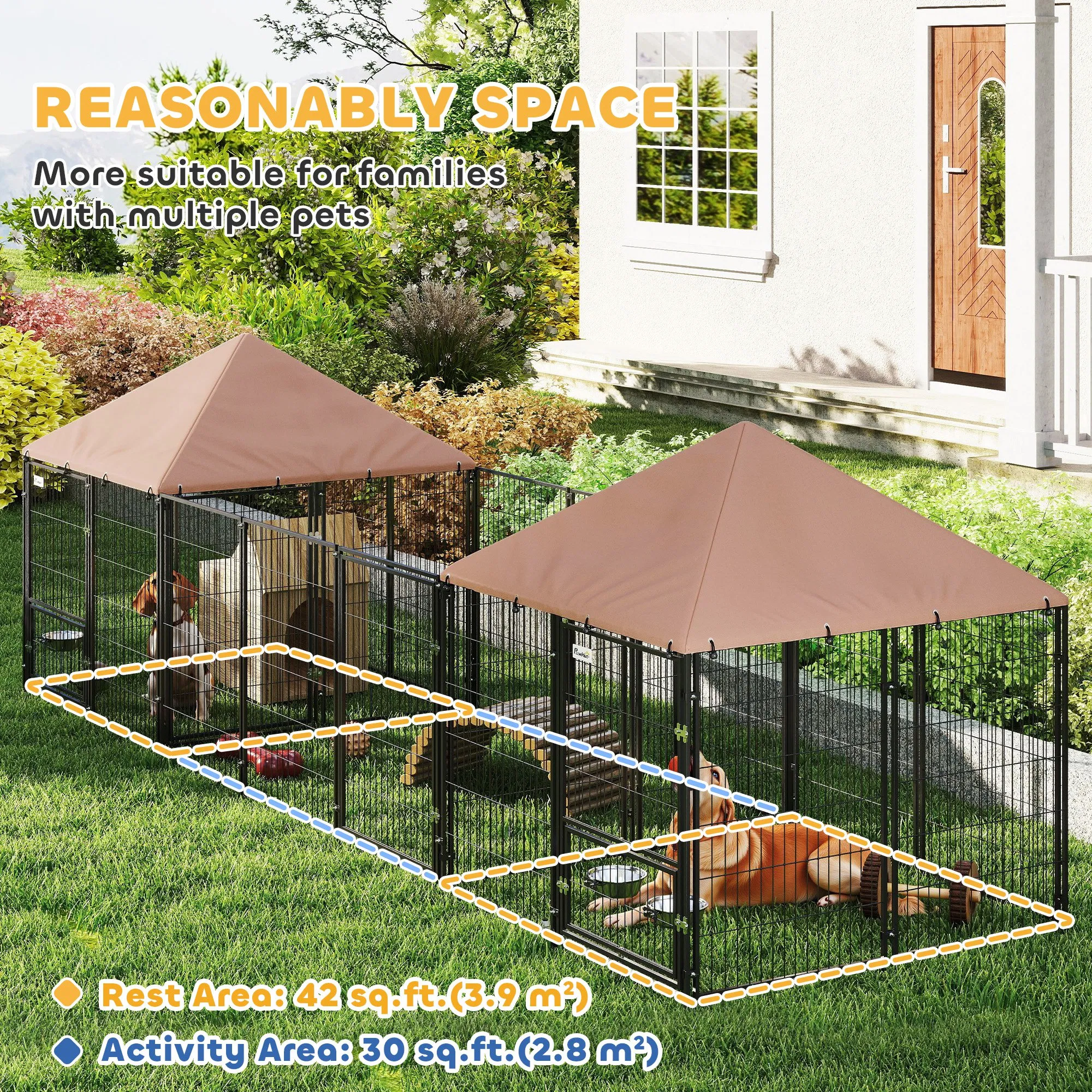 Outdoor Dog Kennel with 2 Rooms, Rotating & Adjustable Height Bowls, Waterproof UV-Resistant Cover, 16.2' x 4.7' x 5.1' photo 2