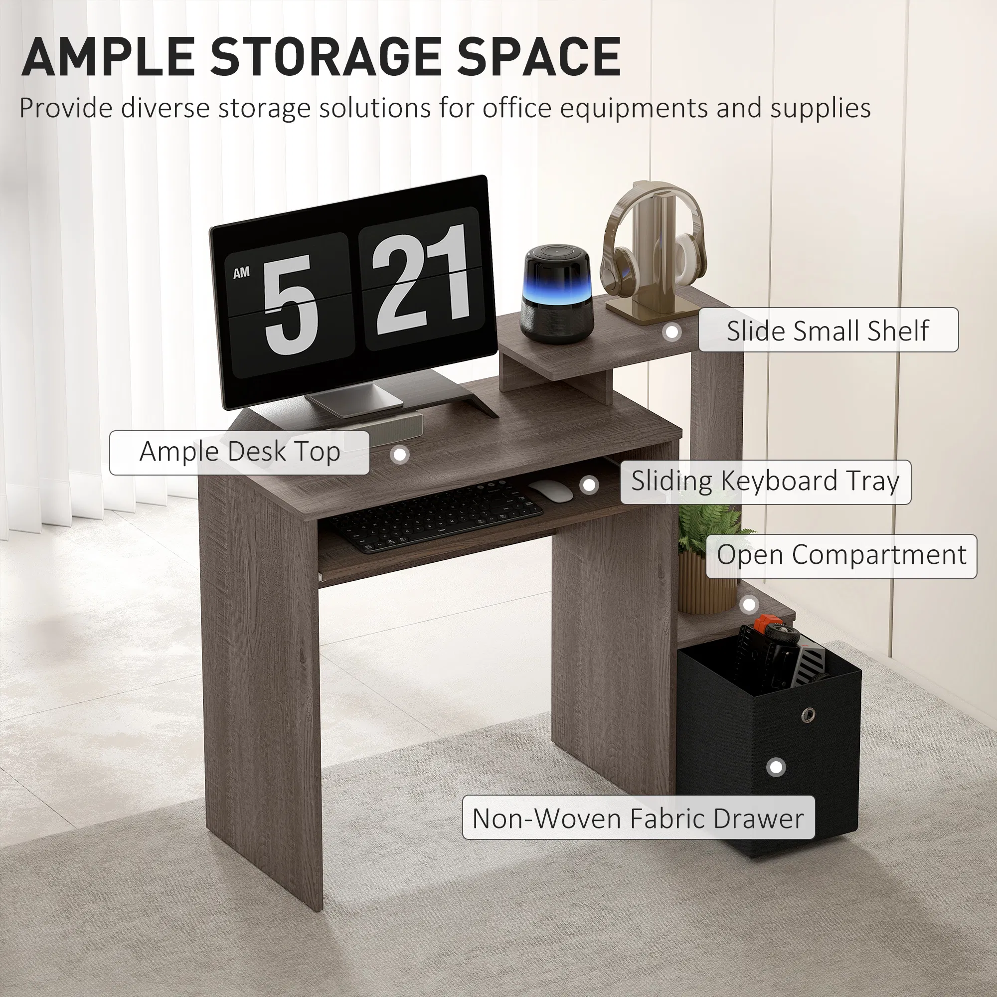 Computer Desk with Sliding Keyboard Tray Storage Drawer Shelf Home Office Workstation Grey photo 6