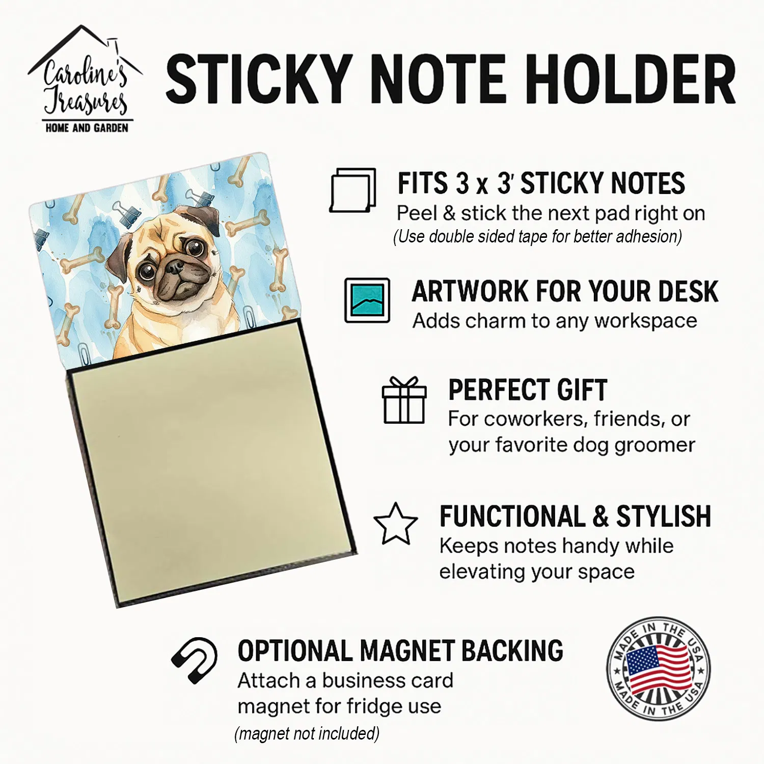 Fawn Pug Coworker Watercolor Sticky Note Holder Refillable Dispenser Desk Accessory 3x3 Pad Gift photo 6
