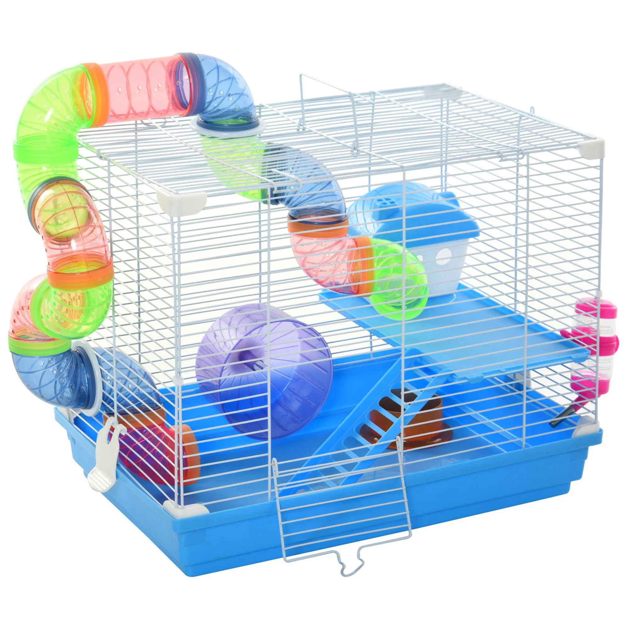 18"L Hamster Cage, Small Animal House, 2-Level Rat Gerbil Haven with Tunnel Tube System, Exercise Wheel, Water Bottle, Food Dish, Ramp, Blue photo 1