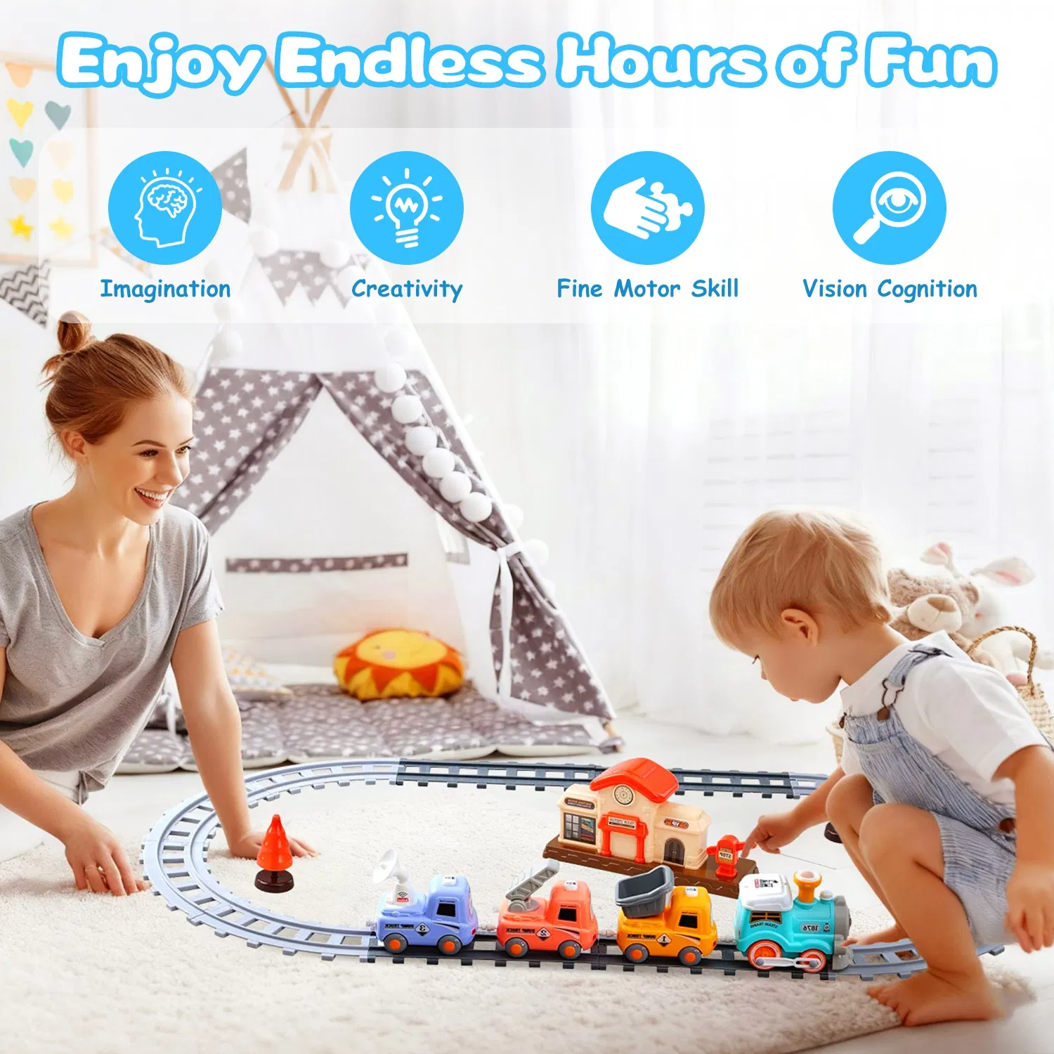 Kids Electric Train Set with Remote - Immersive Play with Authentic Train Sounds, Smoke Effects & Colorful Lights, Magnetic Connection Locomotive + 3 Trucks, Easy Assembly Tracks & Accessories, Perfec photo 8