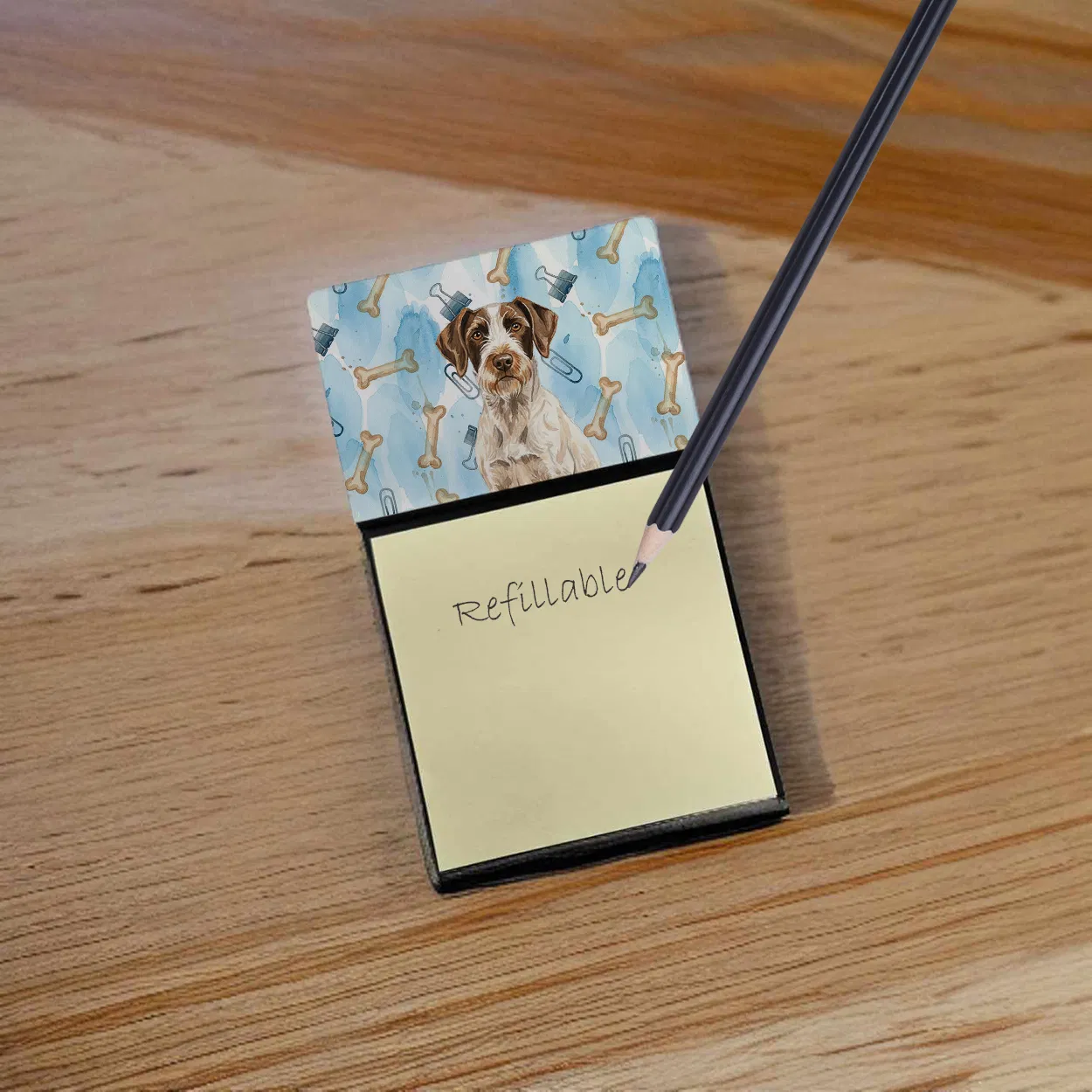 Liver and White German Wirehaired Pointer Coworker Watercolor Sticky Note Holder Refillable Dispenser Desk Accessory 3x3 Pad Gift photo 3