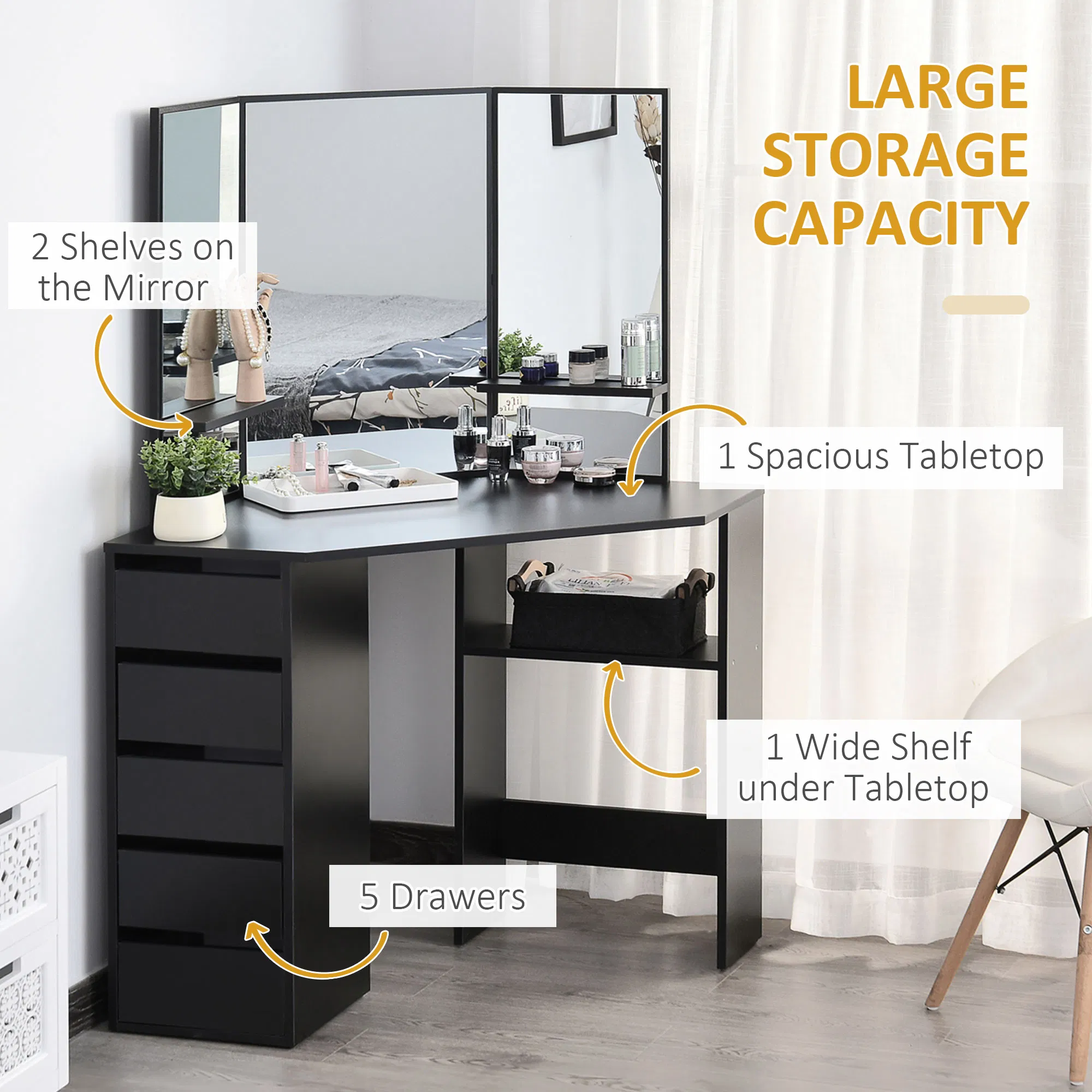 Corner Vanity Desk with Mirror, Makeup Vanity Table with 5 Drawers and Open Shelves, Dressing Table with 3-piece Mirror for Bedroom, Black photo 6