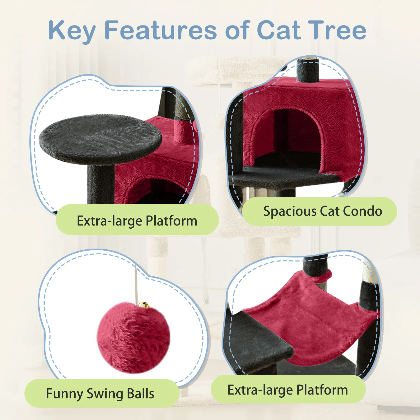 44 inch Cat Tree Tower, Multi-Cat Climbing Tower with, Natural Sisal Scratching Posts, Extended Platform, Hammock photo 2