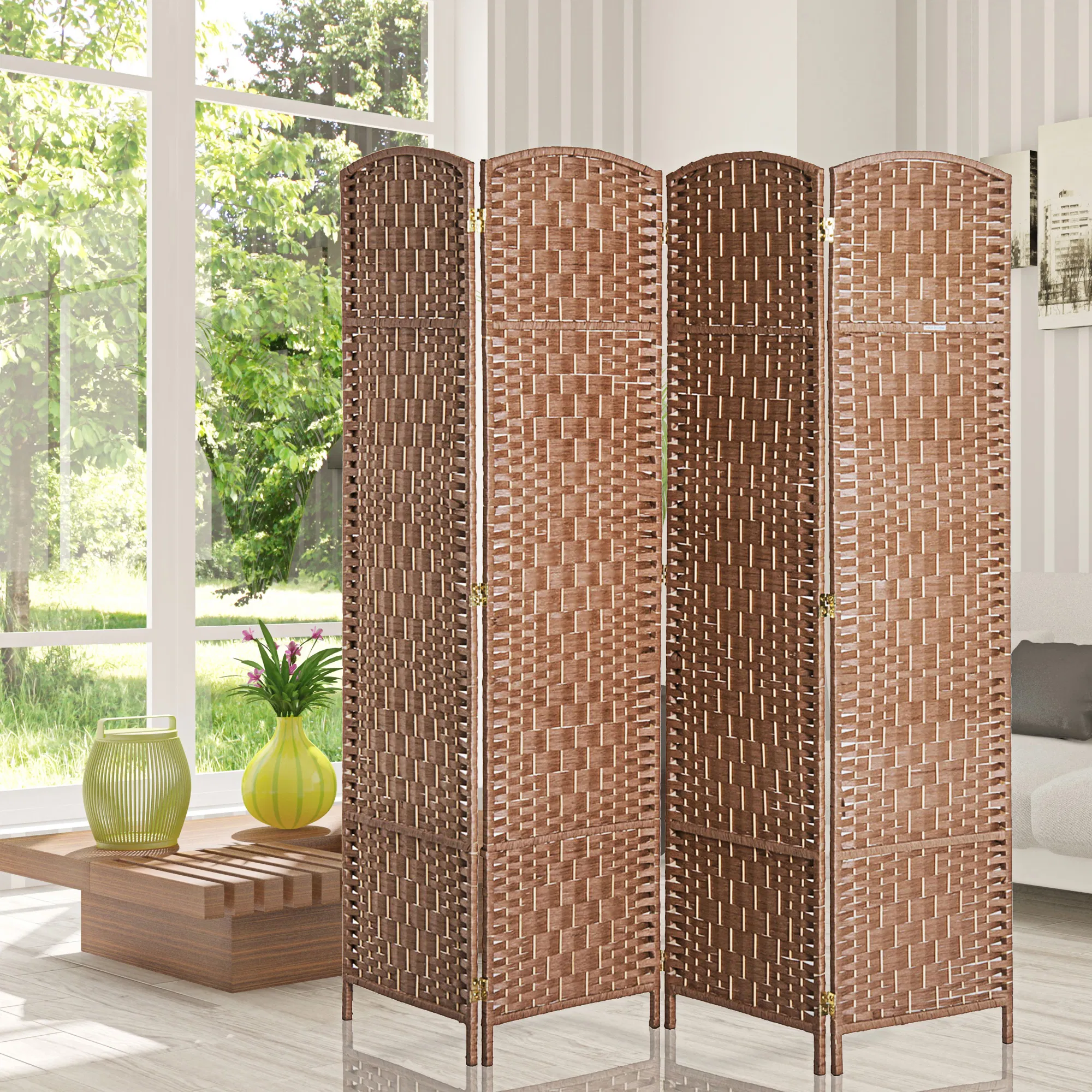 6ft Folding Room Divider, 4 Panel Wall Partition with Wooden Frame for Bedroom, Home Office, Natural photo 5