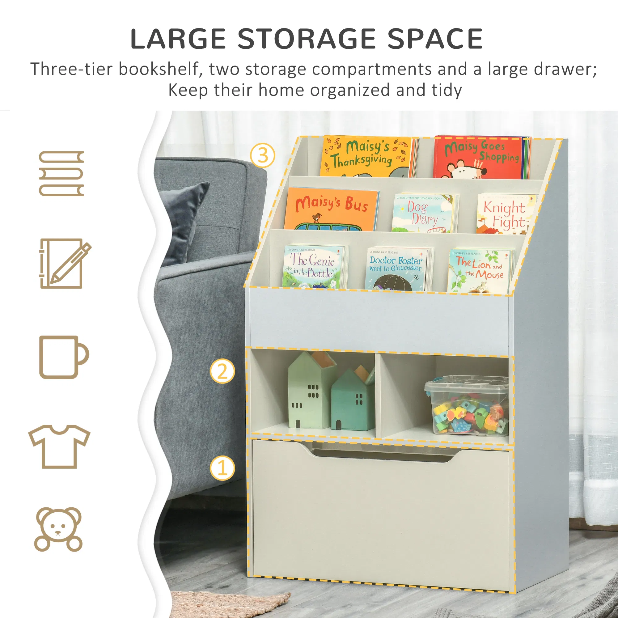Kids Bookcase Multi-Shelf Rack Organizer with Storage Drawer for Books for Reading Nook, Classroom, Bedroom, Playroom, Grey photo 4