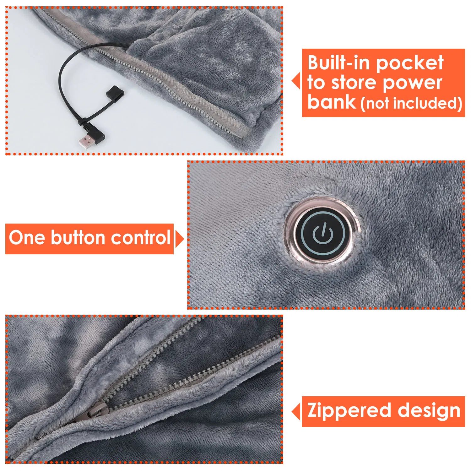USB Heated Blanket Electric Heated Blanket Heated Poncho Shawl Wrap Throw with Zipper Washable for Home Office 59*31in photo 8
