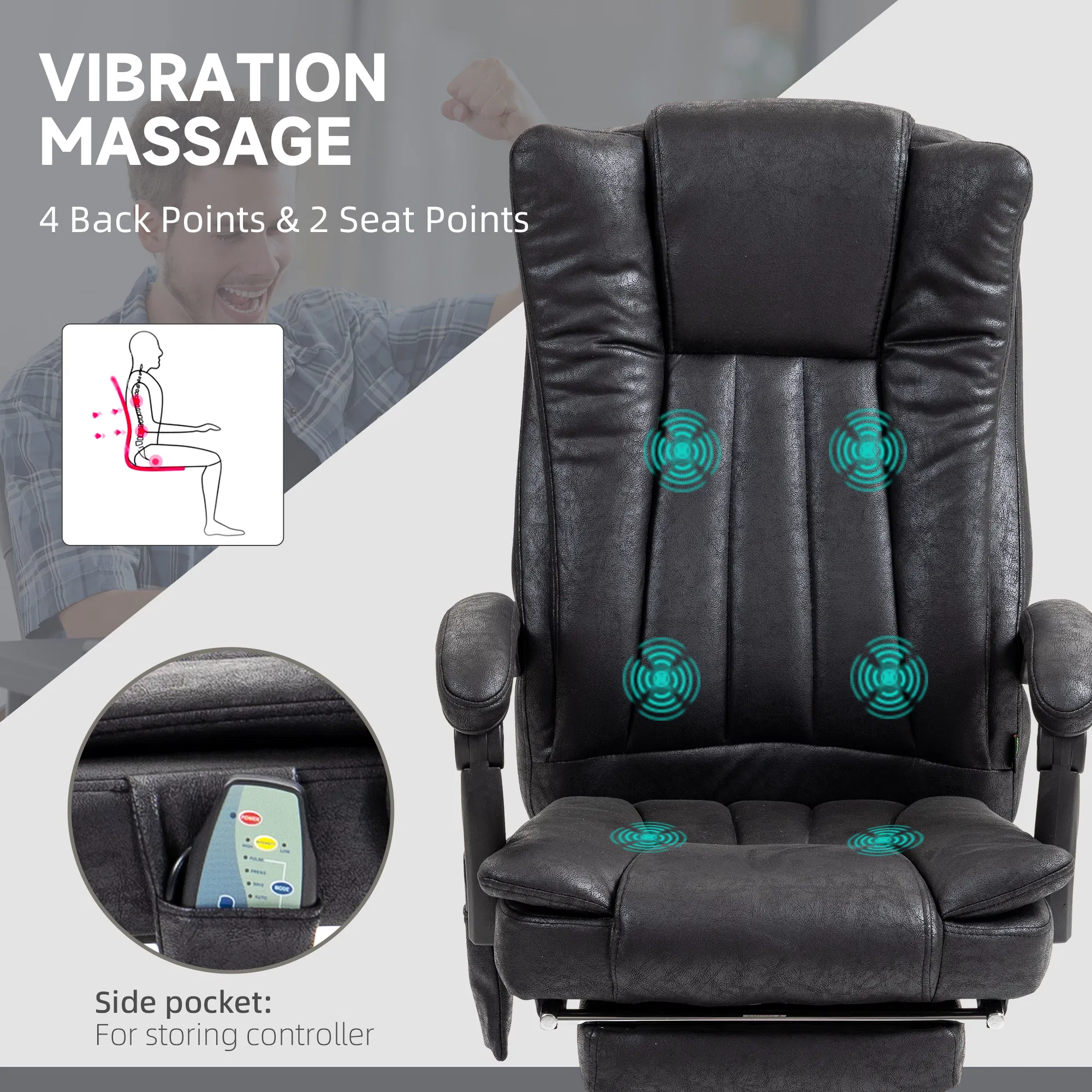 Office Chair 6-point Vibration Massage Chair Micro Fiber Recliner with Retractable Footrest Black photo 3
