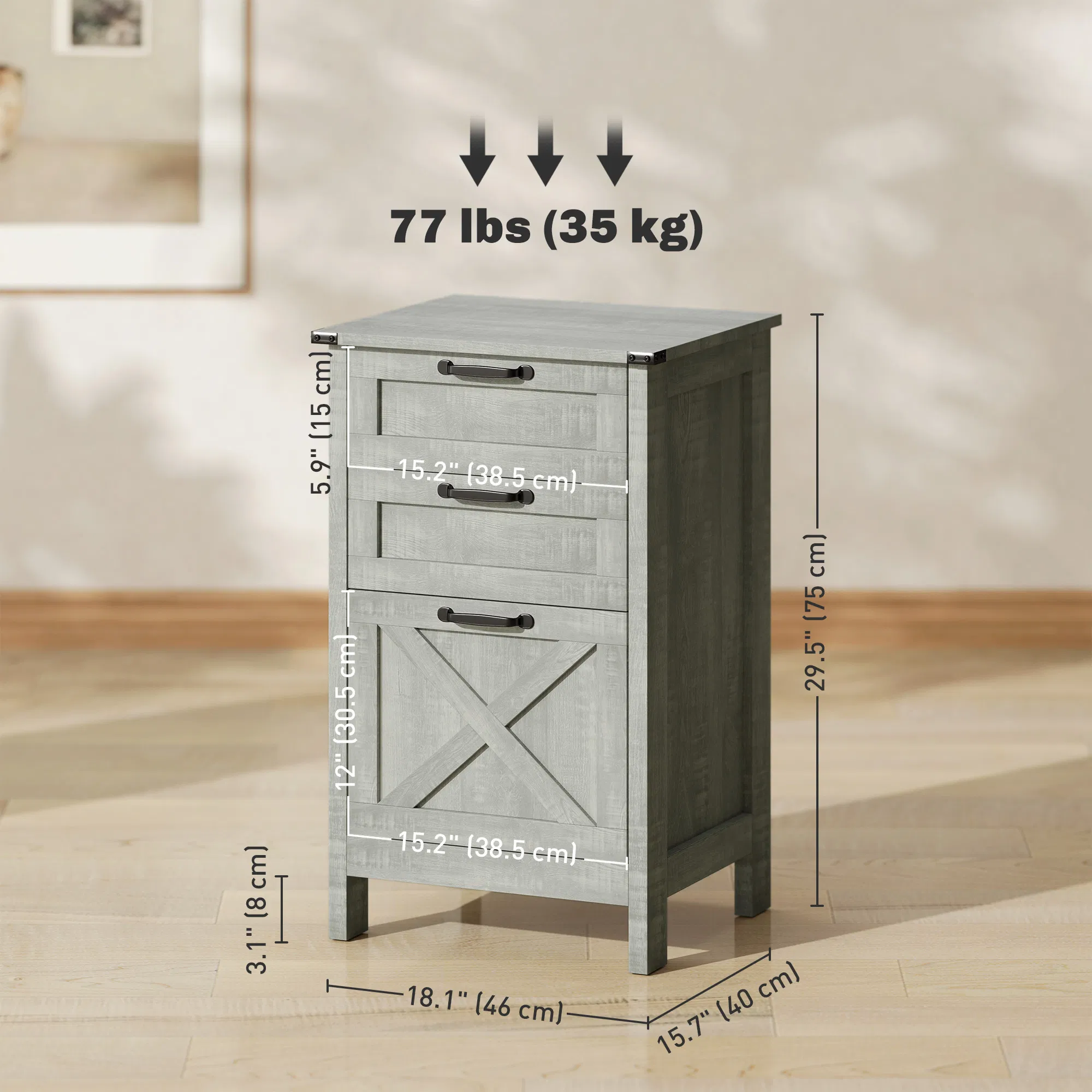 Vertical Filing Cabinet with 3 Drawers, Rustic Farmhouse Office Storage Cabinet for A4, Letter Size, Stone Grey photo 5