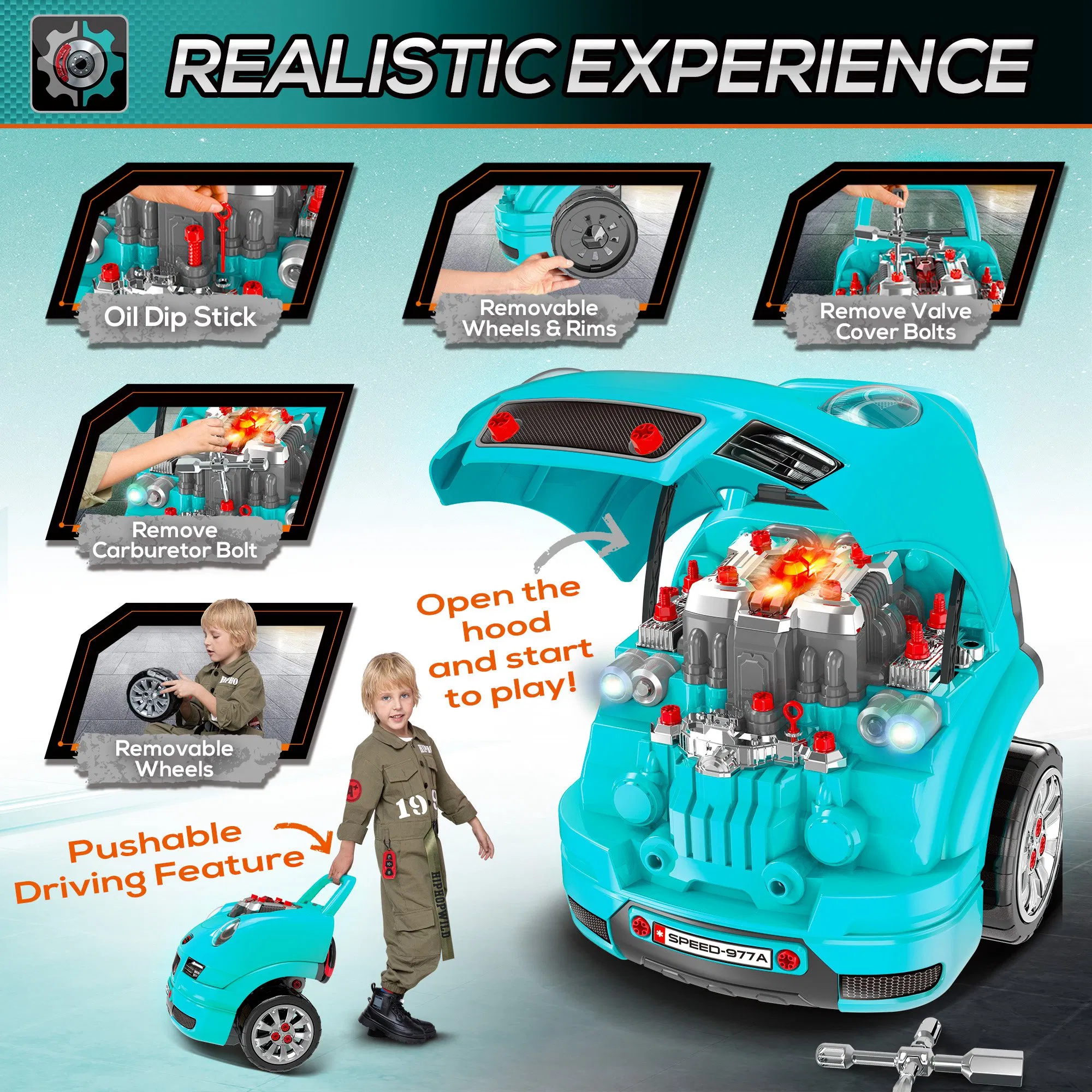 Mechanic Kids Truck Engine Toy Set, Car Service Play Set, Teal photo 4