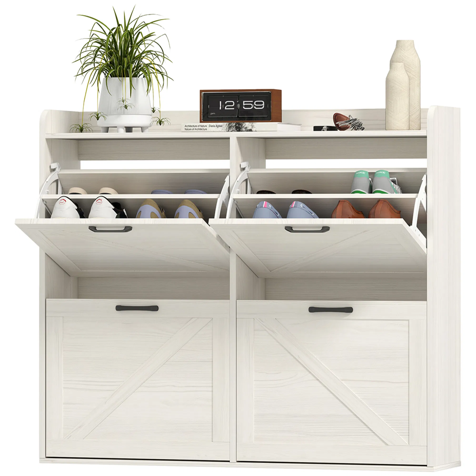 Narrow Shoe Storage Cabinet with 4 Flip Drawers, Adjustable Shelves, 16 Pair Farmhouse Shoe Cabinet, White Oak photo 1