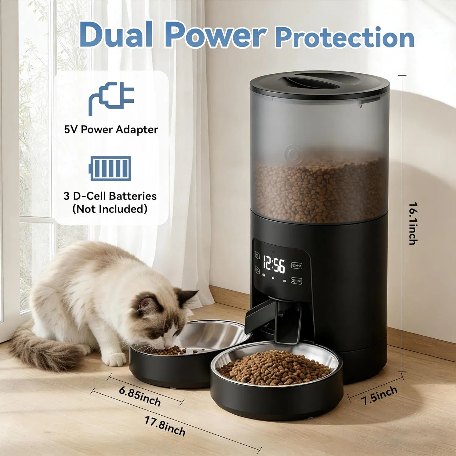 6L Automatic Cat Feeder for 2 Cats, Timed Cat Food Dispenser with 2 Stainless Bowls, 10s Voice Recorder, Dual Power Supply, 6 Meals 50 Portions Per Day, Dual Pet Feeder for Cat and Dog photo 8