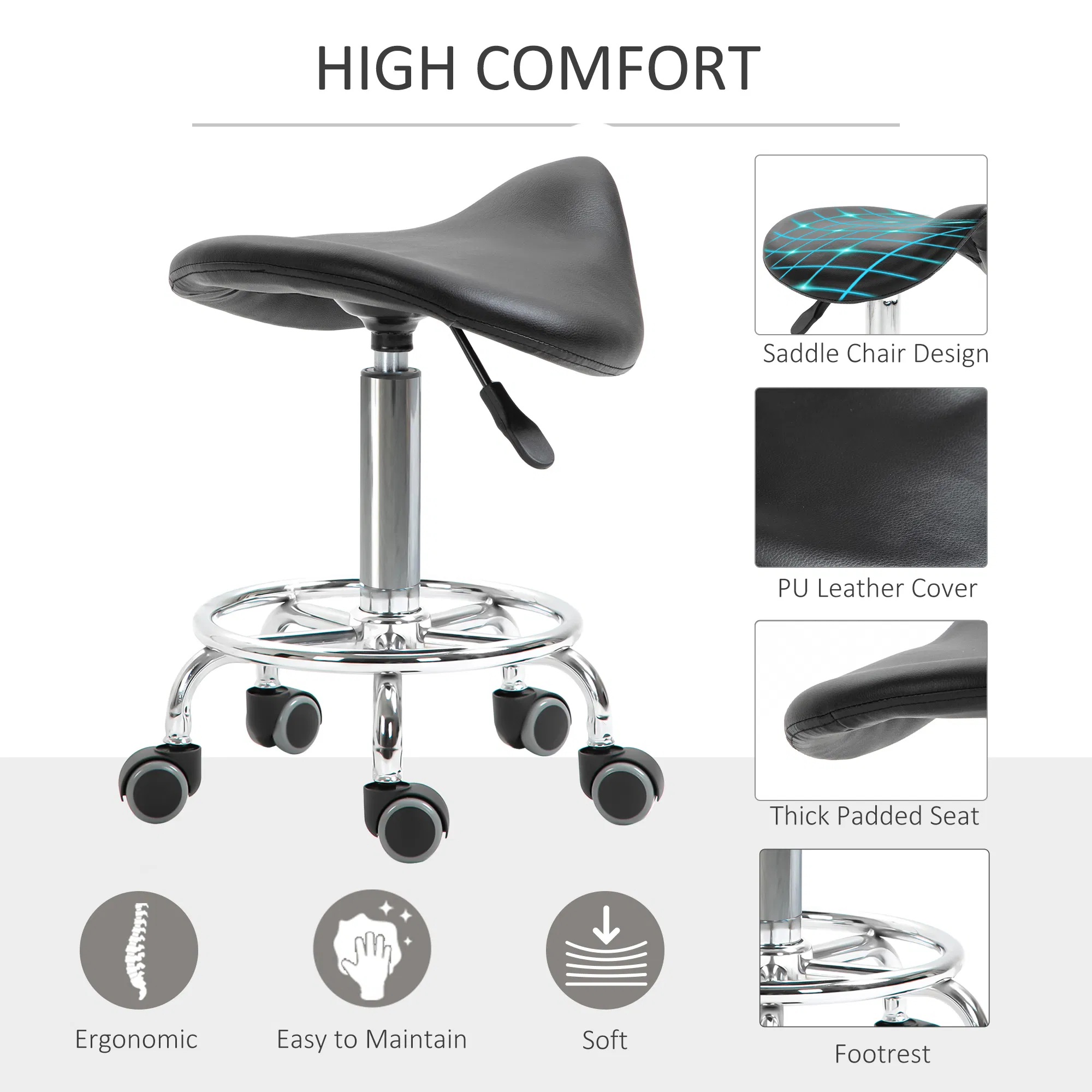 Saddle Stool PU Leather Adjustable Rolling Salon Chair Black for Massage Spa Clinic Beauty Tattoo photo 6