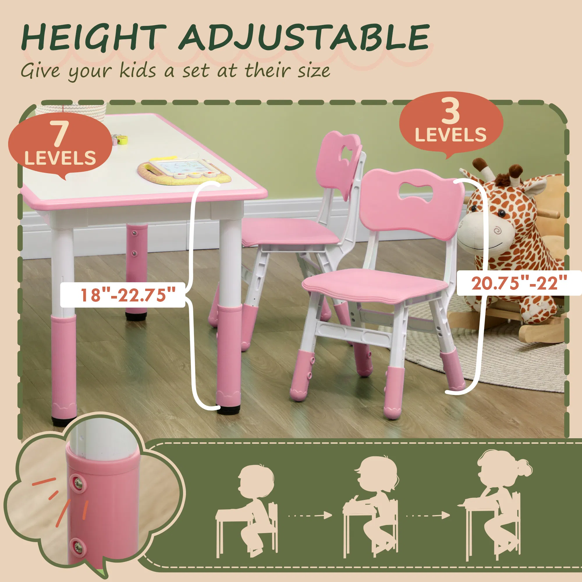 Kids Table and Chair Set with 4 Chairs, Adjustable Height, Easy to Clean, for 1.5 - 5 Years Old, Pink photo 6