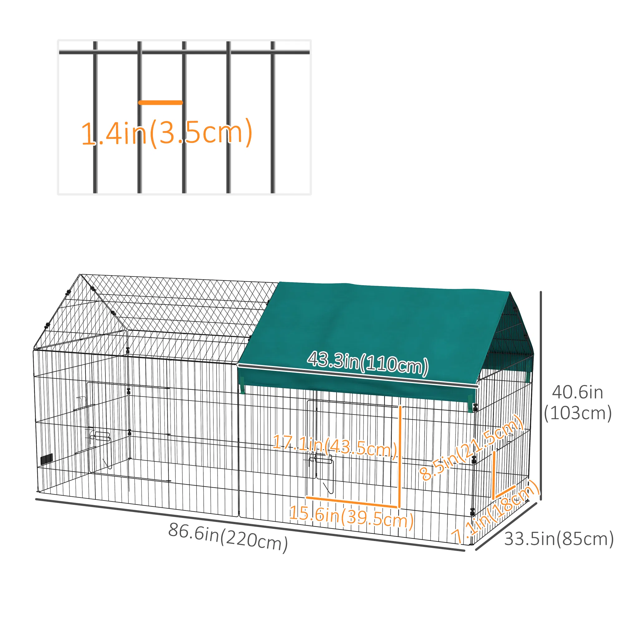 87" Small Animal Cage with Roof, Indoor/Outdoor Use, for Chicken, Rabbits, Chinchillas, Green photo 6