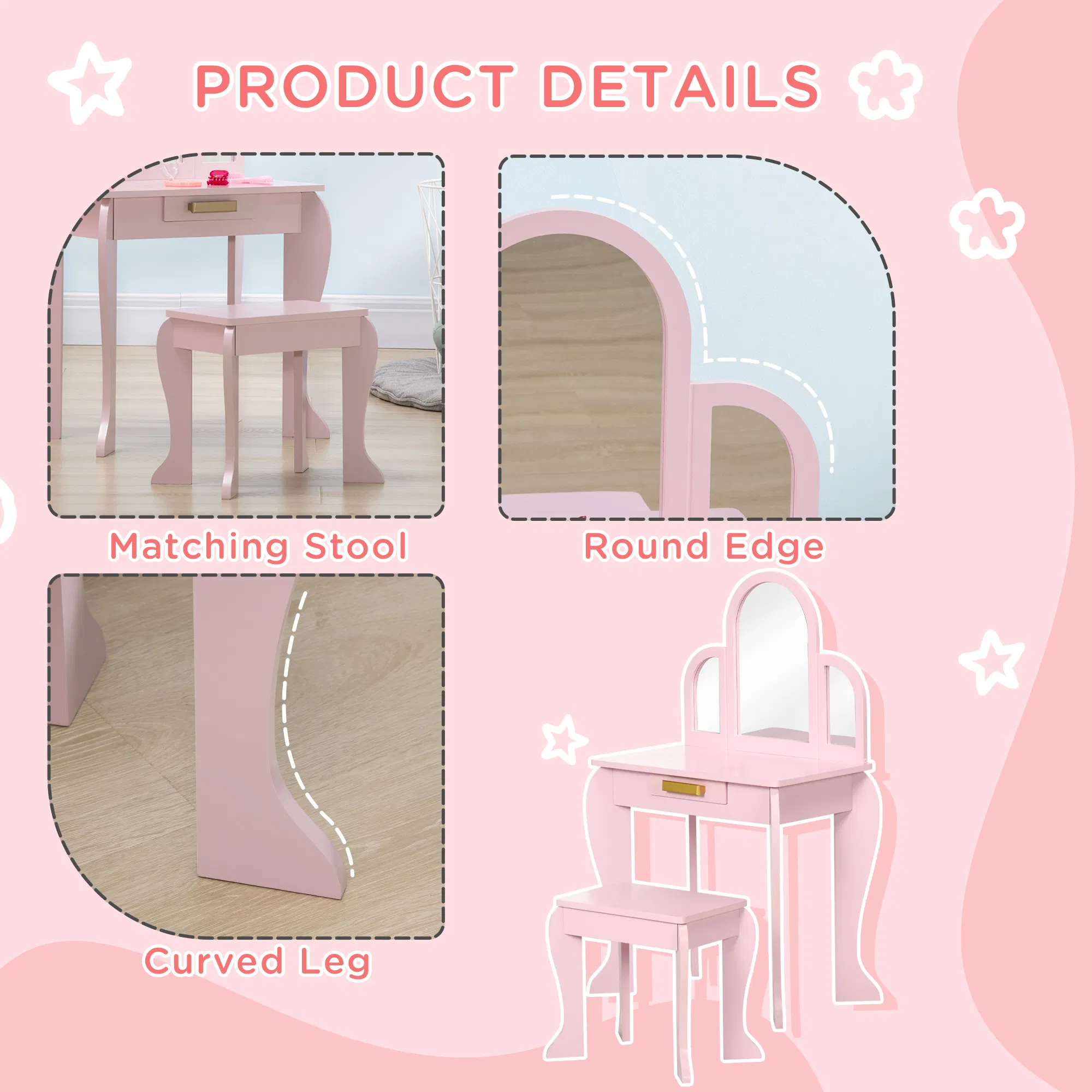 Kids Dressing Table and Chair Set, Girls Dressing Set, Makeup Desk with Drawer for 3-6 Years Old Kids, Pink photo 3
