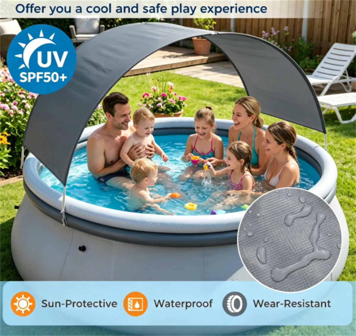 94.5 x 55.5 Large Capacity Outdoor Inflatable Pool with Sunshade Tent, TearResistant PVC BlowUp Pool with Repair Kit, 4Person Portable Family Swimming Pool photo 5