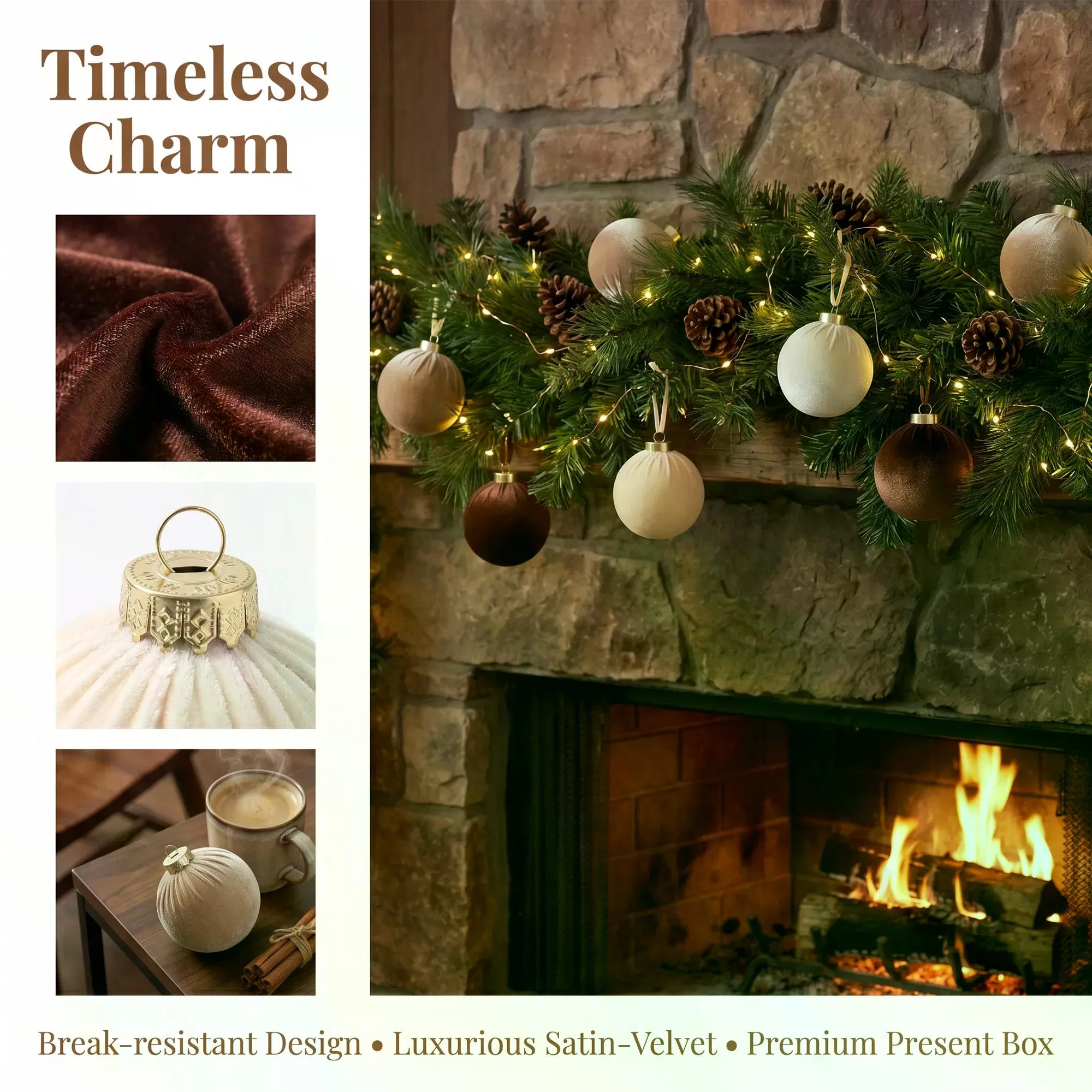 12Pcs Velvet Christmas Balls Ornaments Set, 80mm(3.15inch) Fabric Wrapped Xmas Baubles, Neutral Coffee Cream White Hanging Decorations for Christmas Tree Holiday Home Party photo 4