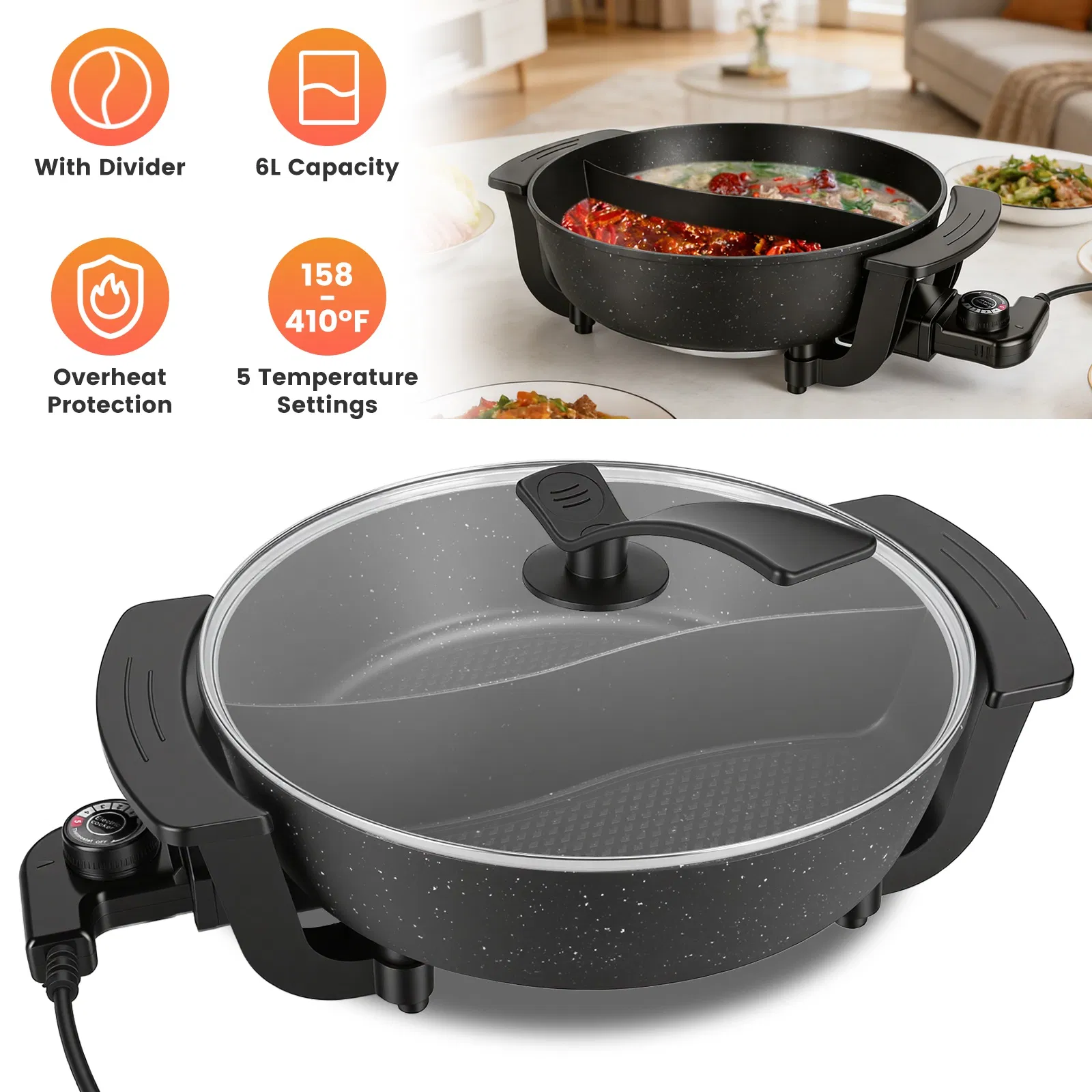 Dual-Flavor Electric Hot Pot 6L with Divider, 5 Temperature Control Non-Stick Shabu Shabu Pot, Complete Accessories Electric Cooker for Home Party Family Dinners photo 1