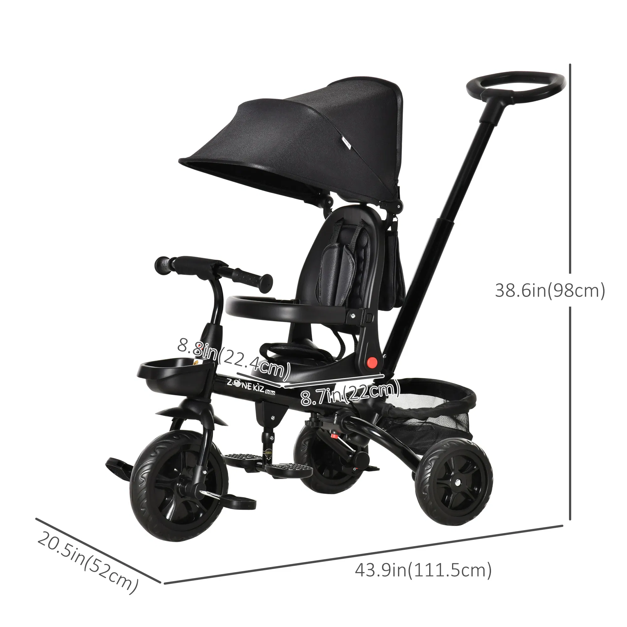Tricycle for Toddler 4 in 1 Kids Trike with Reversible Adjustable Seat, Baby Push Bike with Removable Handle, Canopy, Belt Storage Brake Clutch for 1-5 Years, Black photo 3