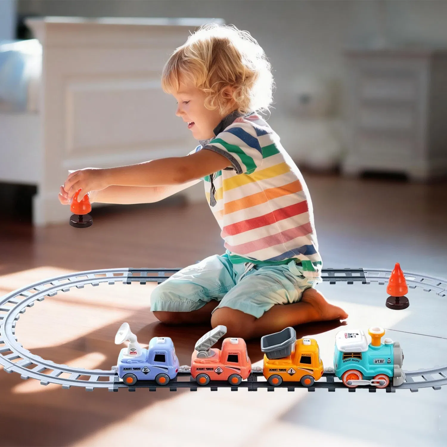 Kids Electric Train Set with Remote - Immersive Play with Authentic Train Sounds, Smoke Effects & Colorful Lights, Magnetic Connection Locomotive + 3 Trucks, Easy Assembly Tracks & Accessories, Perfec photo 4