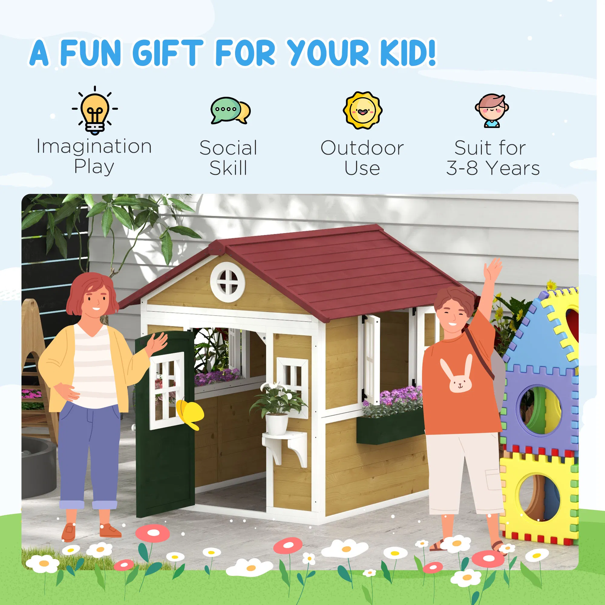 Wooden Playhouse for Kids Outdoor with Door, Windows, Planter Pots and Boxes for Toddlers 3-8 Years, Beige photo 6