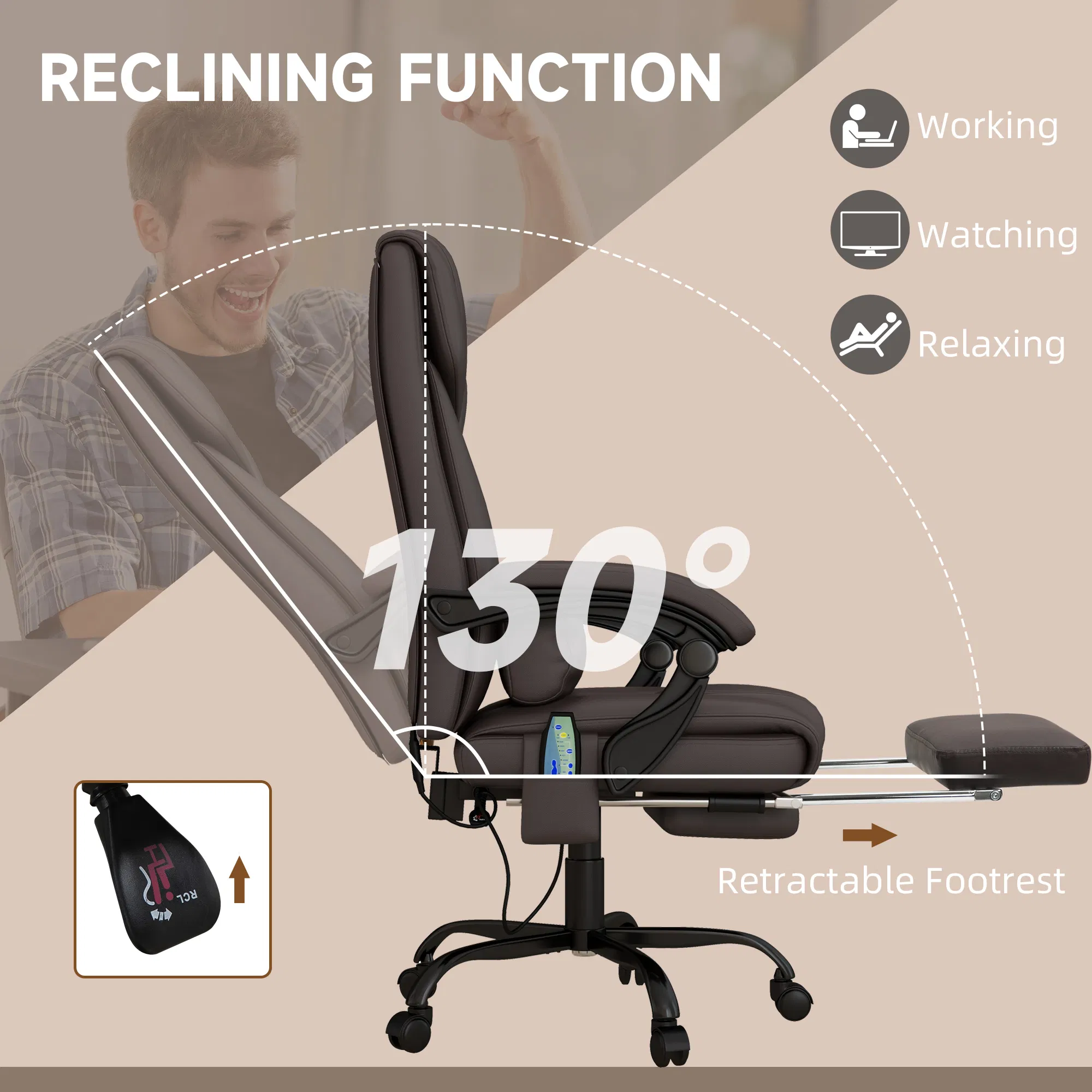 6-Point Vibration Massage Chair, Height Adjustable Reclining Computer Chair with Retractable Footrest, Brown photo 6