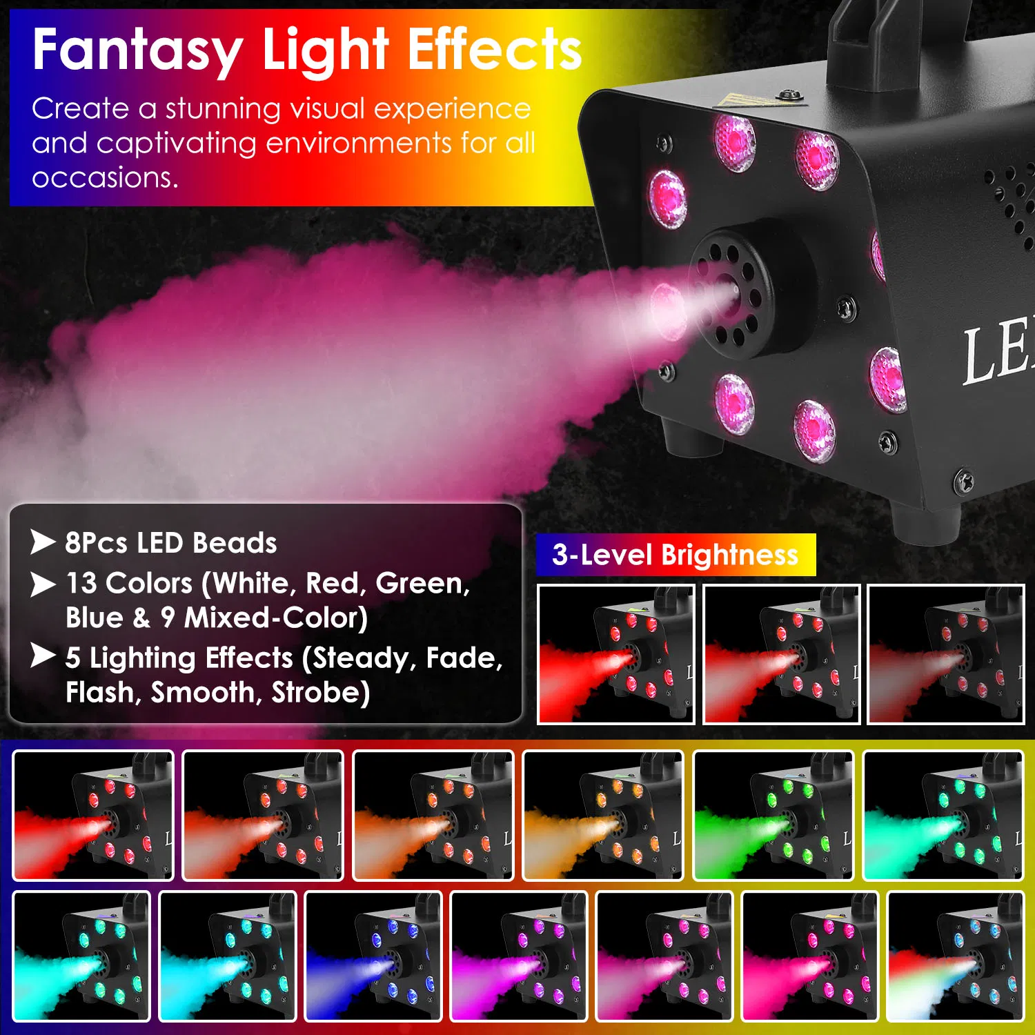 500W Fog Machine 2000CFM Colorful Smoke Machine with 8Pcs LEDs 5 Lighting Effects 3-Level Brightness photo 7