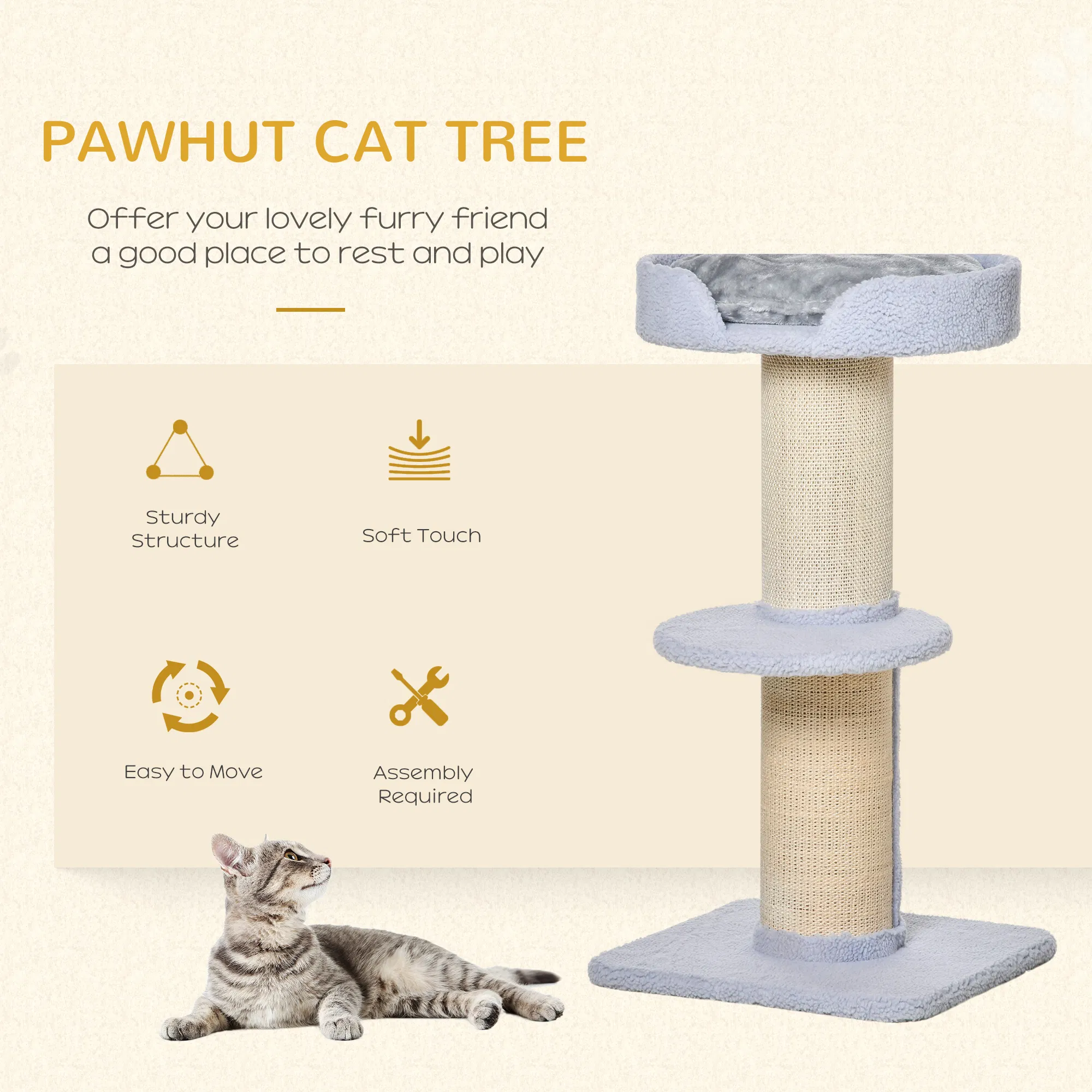 Cat Tree Kitty Tower with Sisal Mat Scratching Post, Cat Bed, Cushion, Perch, 18" x 18" x 36", Light Blue photo 6