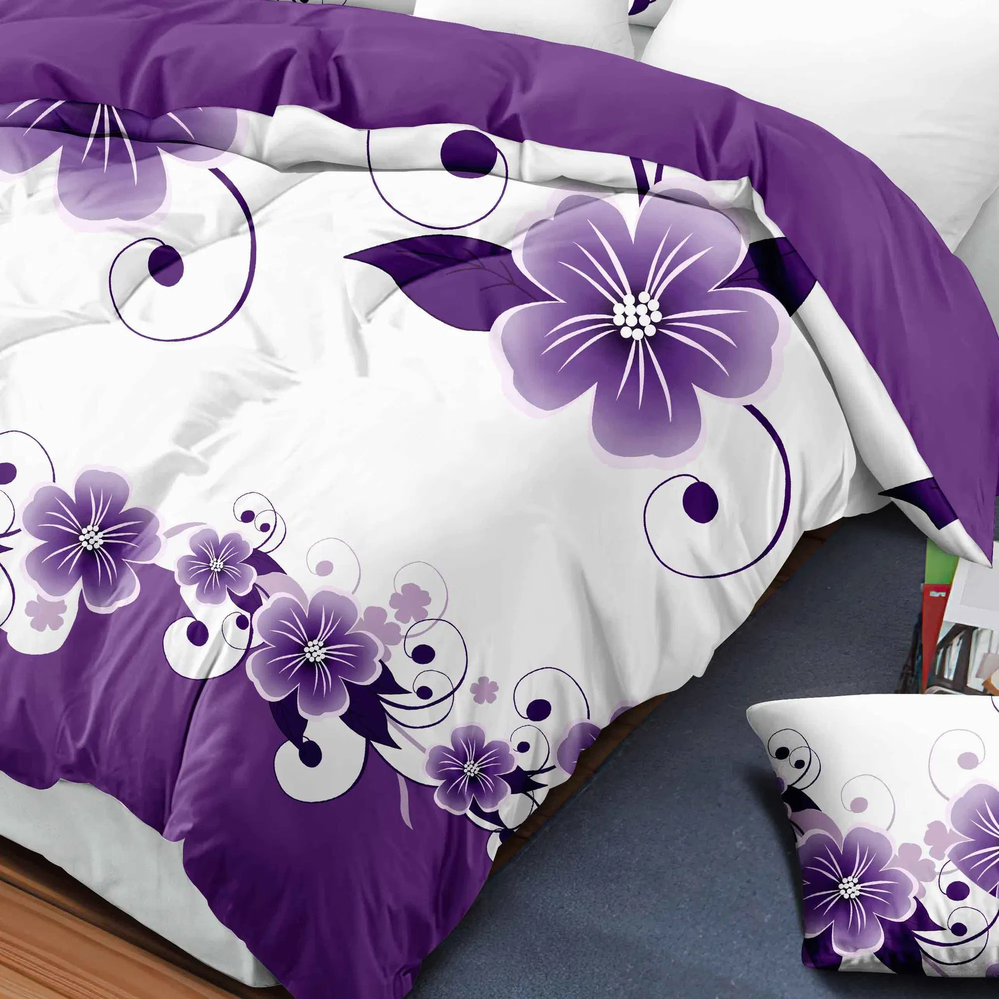 9-Piece Purple Floral Bedding & Curtain Set (Queen/King/Cal King) - Quilted Microfiber Bedspread + Sheer Curtains photo 6