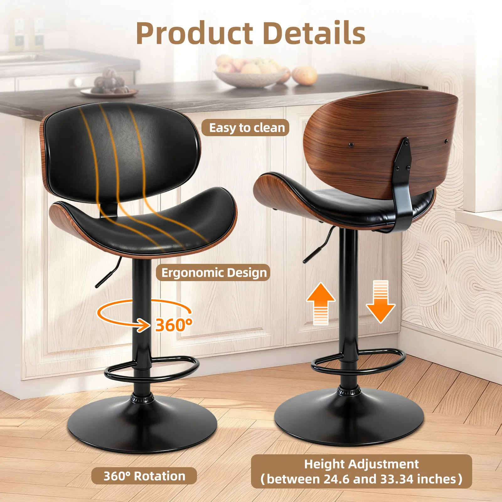 A set of 2 rotating bar stools with adjustable height, PU leather decorative chairs, backrests and footstools, and anti-slip rubber bases photo 5