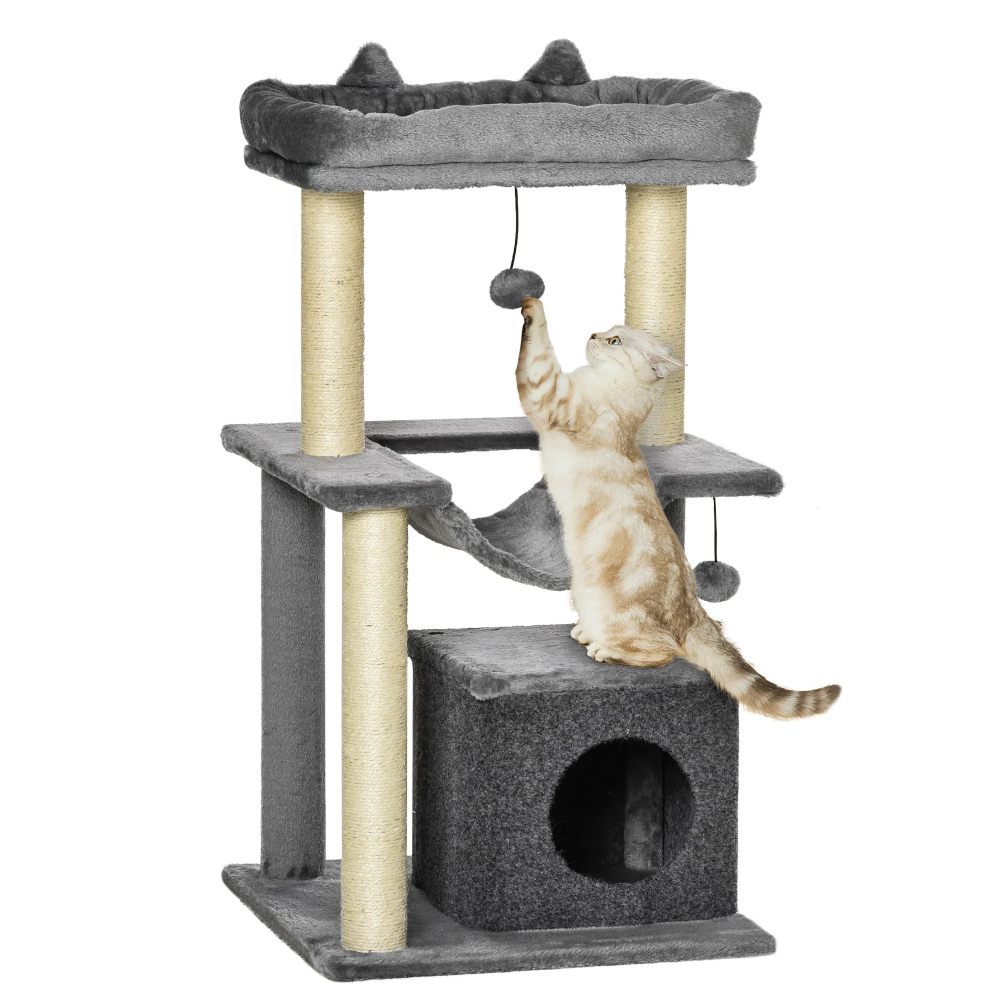 39.25'' Cat Tree Tower Multi-Level Kitten House with Scratching Post Condo Hammock Bed Ball Toy - Gray photo 1