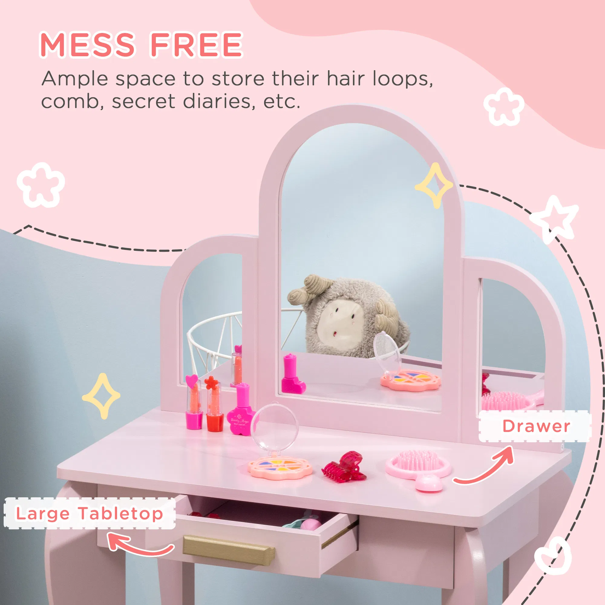 Kids Dressing Table and Chair Set, Girls Dressing Set, Makeup Desk with Drawer for 3-6 Years Old Kids, Pink photo 2