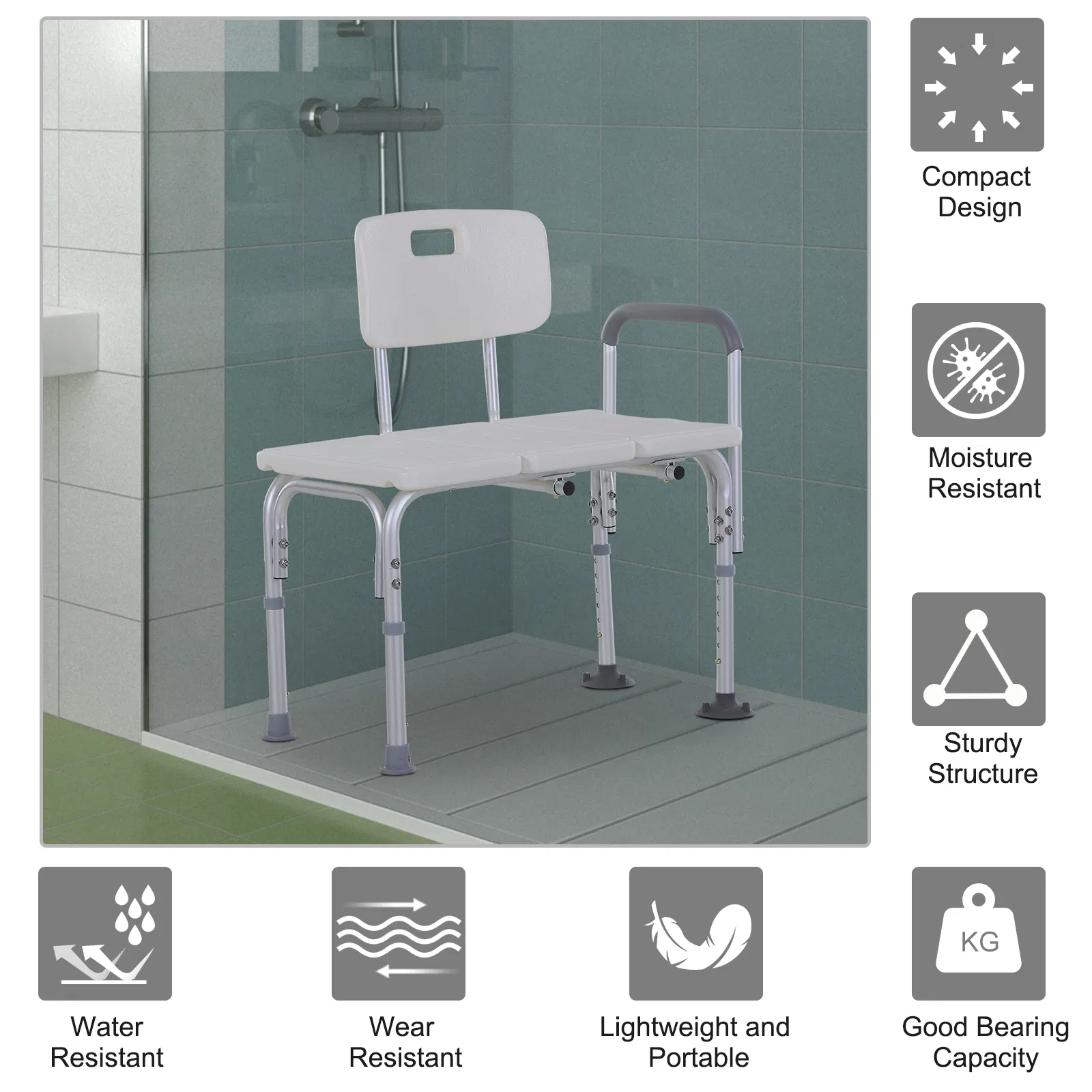6-Level Adjustable Bath and Shower Transfer Bench Aluminum Chair with Non-Slip Feet, Armrest & Backrest White photo 3
