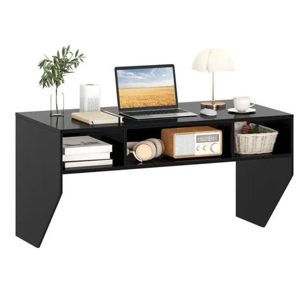 Black Wall-Mounted Floating Computer Desk with 3-Cube Storage, Sturdy Wooden Workstation for Home Office photo 1
