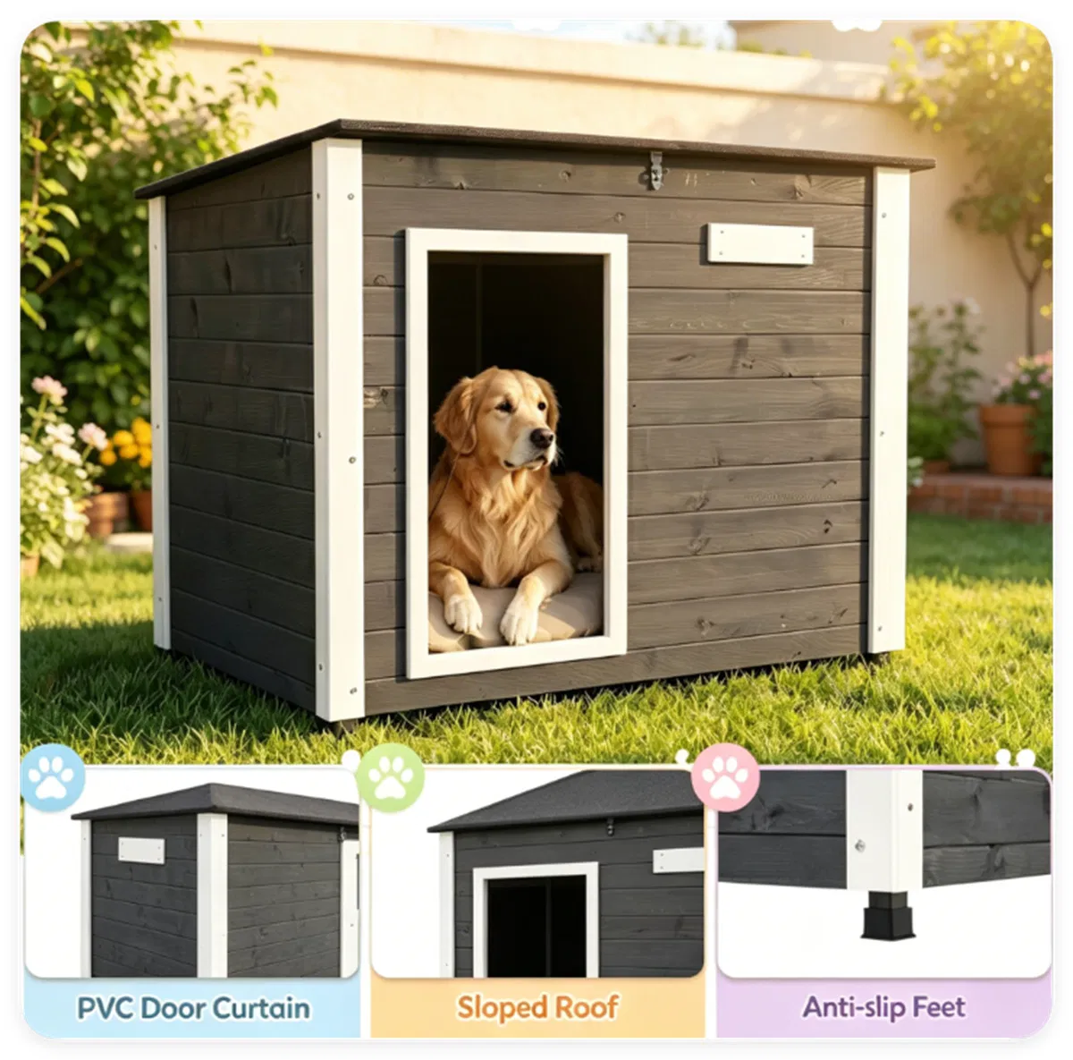 42.5" x 27" x 33.5" Outdoor Dog House with Sloped Asphalt Roof, Elevated Floor & Openable Roof Weatherproof Pet Kennel with PVC Door Curtain for Medium Large Dogs Gray photo 7
